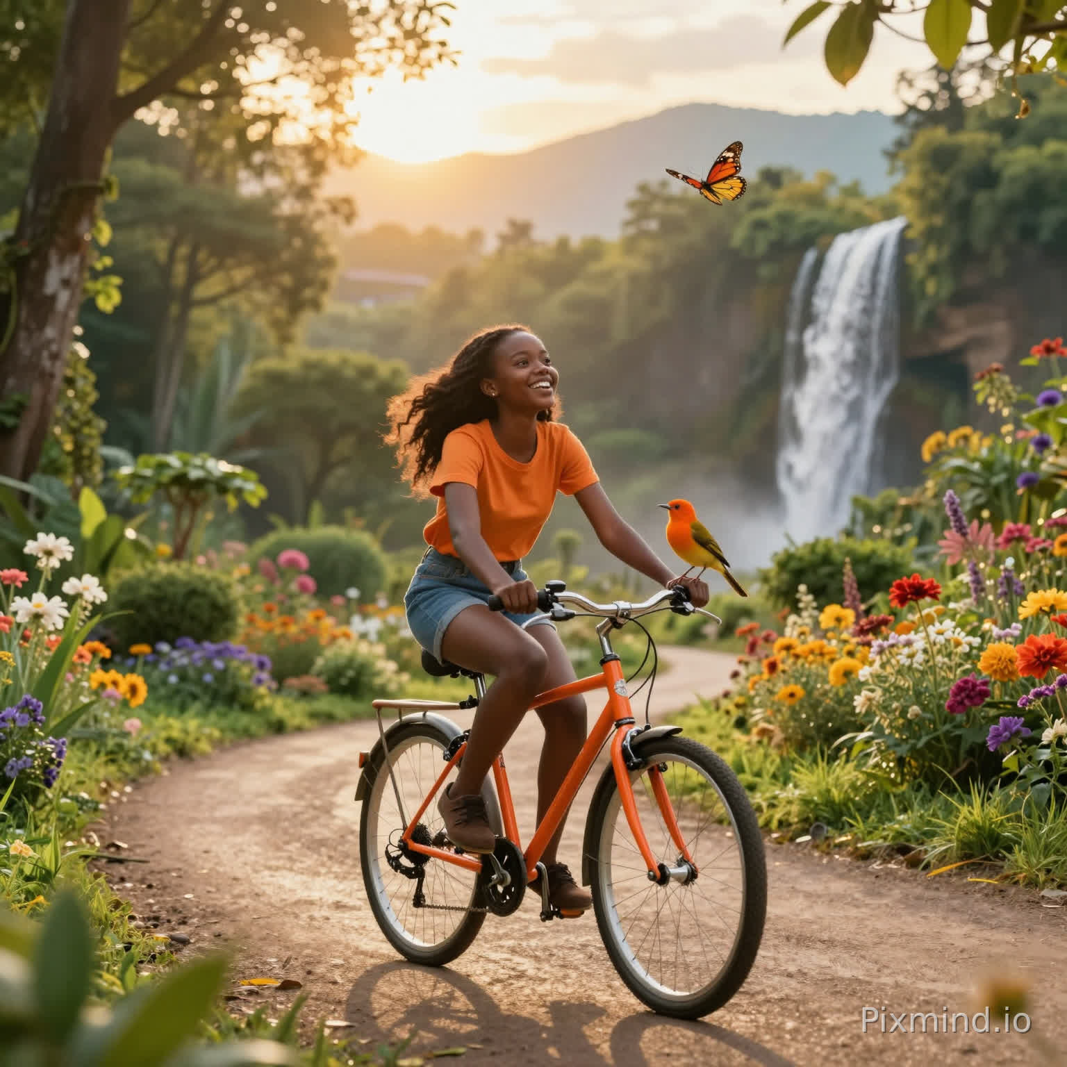 Generate me a beautiful cinematic video the time is is sun set timing with golden light of the sun and we see the flare, the place is in a beautiful forrest and garden of flowers in the background there is beautiful water fall and there are some butterflies and from the deep layer of the background there are beautiful mountains the forrest is very green and natural like and there is a BICYCLE road in the center of the frame where a beautiful young ethiopian lady is riding a orange beautiful unique bicycle her hair is long and beautiful and there is an cute beautiful orange willow warbler bird on side and the girl is amazed by the beautiful orange bird and she is smiling the bird has to be onlly one and she should be fully orange and she should be above her head and the gil face must be on front