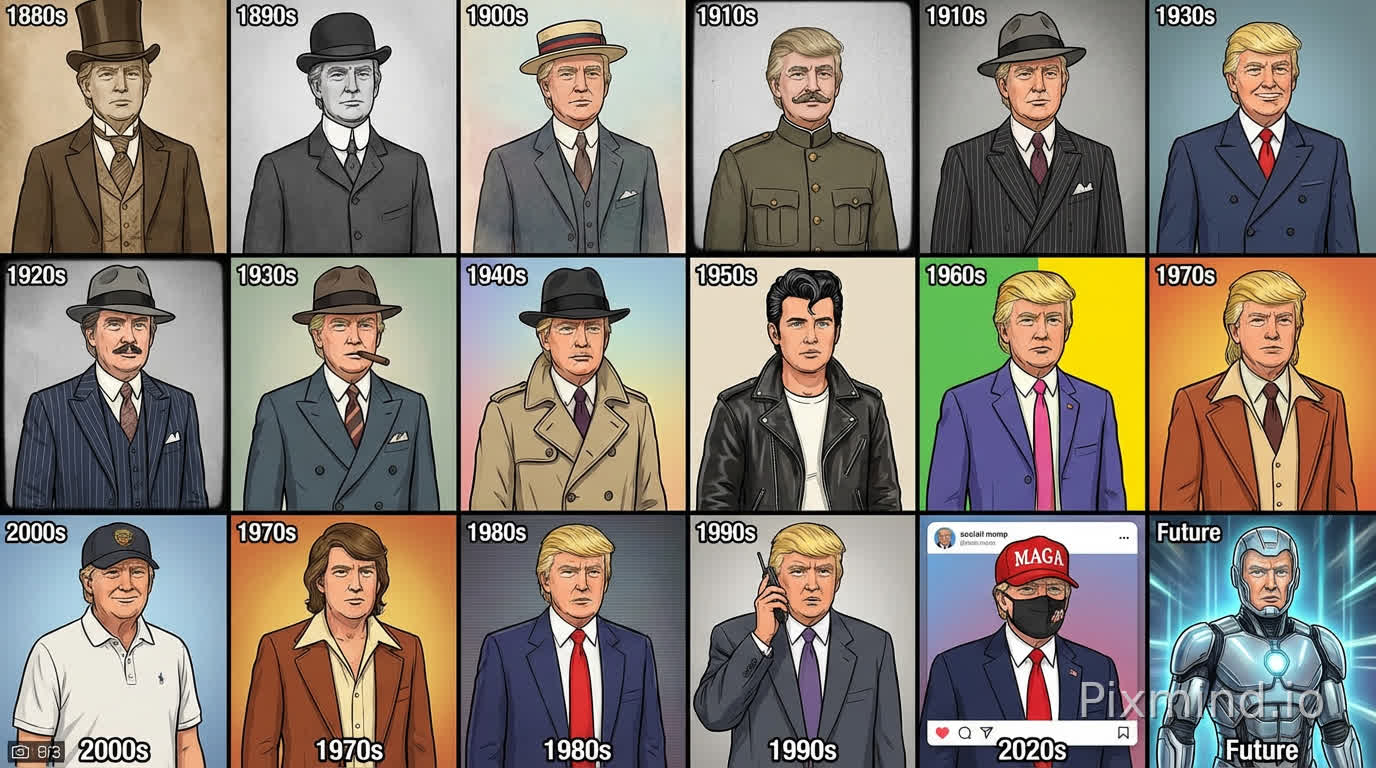 Create a 4×4 grid starting from the 1880s. In each area, my image should reflect the style of that era (clothing, hairstyle, beard, accessories). The colors, backgrounds and film style should also be applied accordingly. I'm Trump. Cartoon style