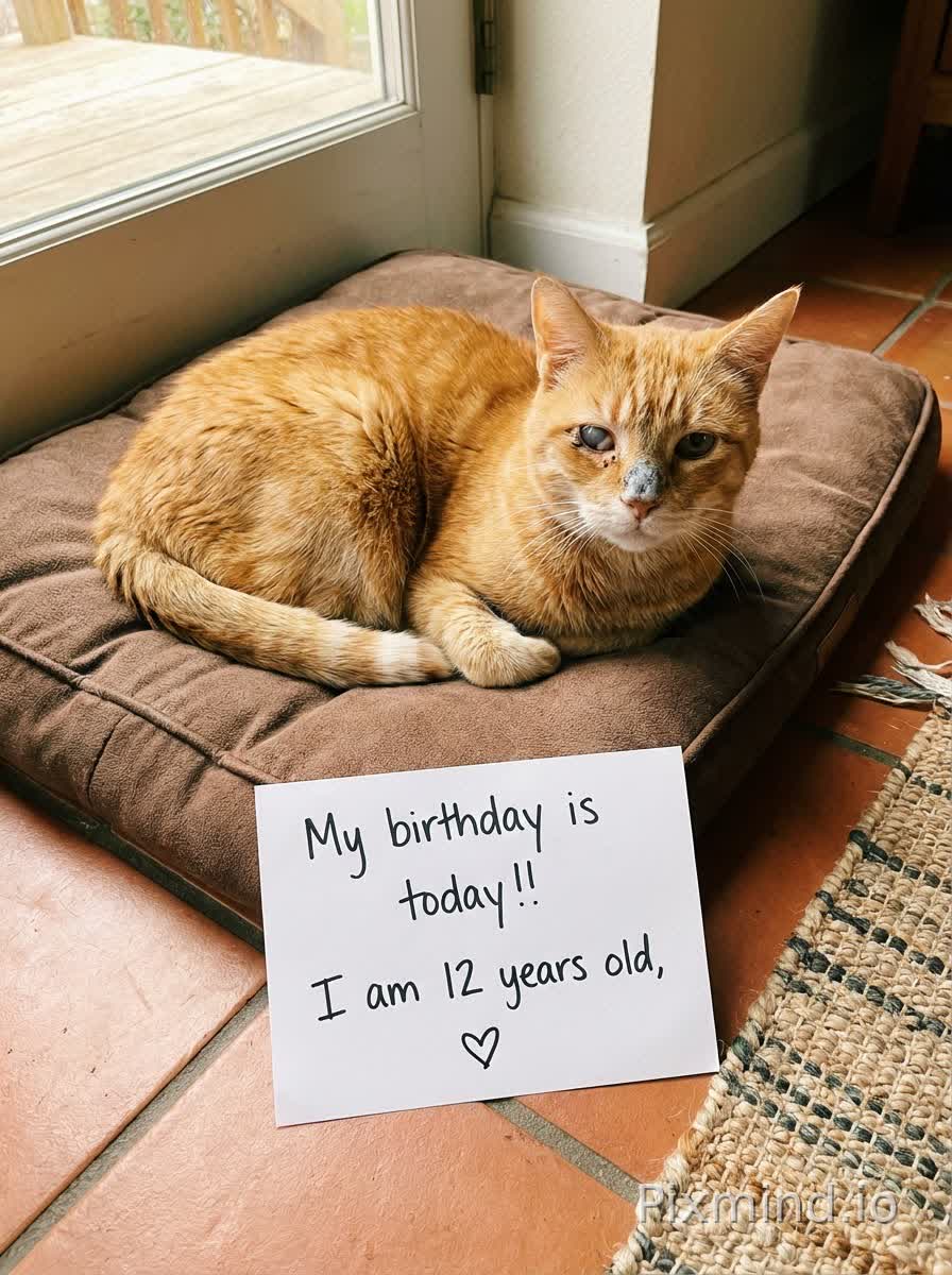 An orange cat with an injured eye lies comfortably on a brown, padded bed inside a house. The cat appears calm and docile, and the pale gray of its nose suggests its age. In front of it is a white sheet of paper on which is written in handwriting: "My birthday is today!! I am 12 years old," with a small heart drawn beneath the words. The floor is tiled, and part of a woven rug is visible beside the cat's bed. Soft natural light illuminates the space, creating a warm and inviting atmosphere.