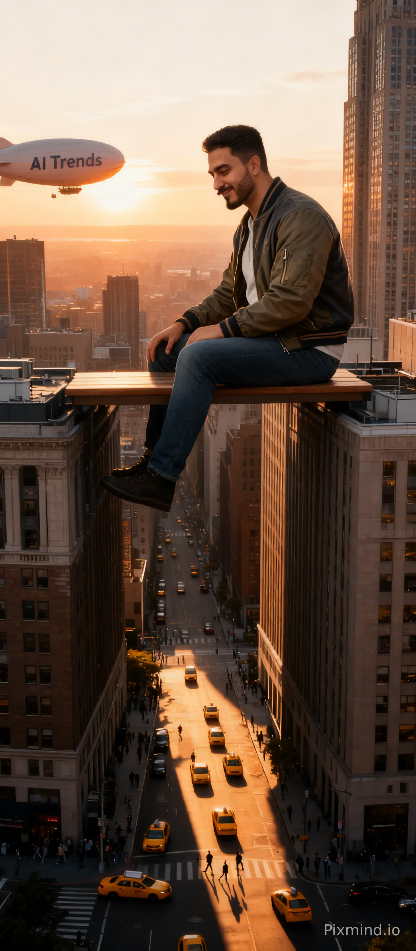(use the uploaded image with 100% accurate facial features for face , beard , mustache , smile , skin tone and color and hair style )A breathtaking forced perspective shot of a giant-sized man with uploaded face as reference sitting casually on the rooftops of two skyscrapers in downtown New York City, bridging them like a bench. He is looking down at the tiny cars and people below with a benevolent smile. He wears a casual bomber jacket and jeans. The city streets are busy with yellow taxis. A blimp floats in the background with "AI Trends" written on the side. The lighting is warm sunset, casting long shadows of the giant figure across the city blocks. 8k, cinematic scale, highly detailed architecture.