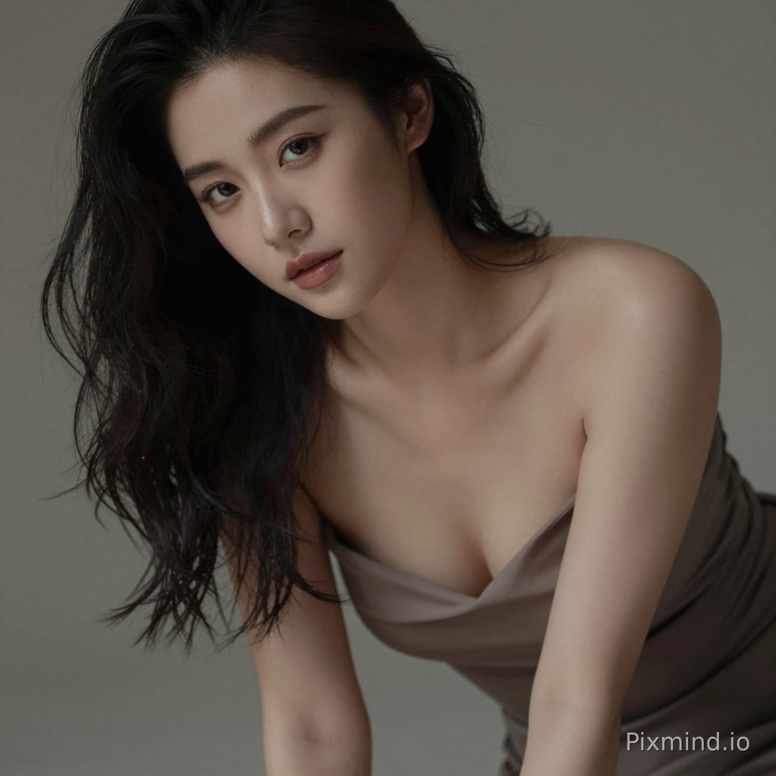 A sensual woman leaning slightly forward, deep neckline dress, subtle cleavage, inviting gaze, soft focus background, intimate framing, realistic skin highlights, moody lighting, editorial sensual photography