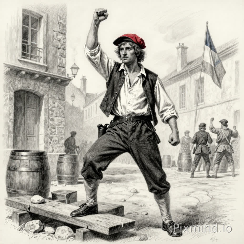 Pencil drawing reference of a French citizen during the French Revolution (1789). The man is standing on a barricade made of wooden planks, barrels, and stones in an 18th-century Paris street.
He is wearing simple historical clothing: a slightly wrinkled white shirt, dark vest, worn trousers, and a red Phrygian cap. His right fist is raised high in a gesture of rebellion and determination. His body is slightly leaning forward, legs apart in a strong and stable stance. His facial expression is serious, brave, and defiant.
In the background, old stone buildings with wooden windows, light smoke in the air, a waving French tricolor flag, and silhouettes of other revolutionaries.
Style: realistic pencil sketch, detailed shading, strong light and shadow contrast, dramatic atmosphere, focus on the main character, softer background details, historical accuracy.