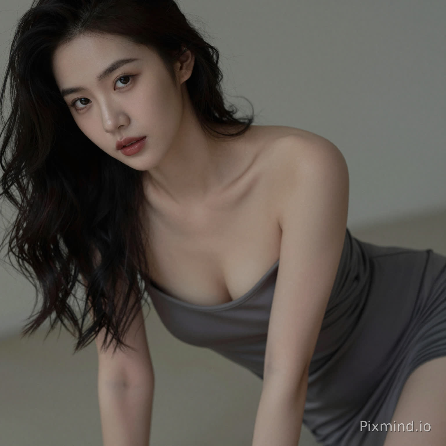 A sensual woman leaning slightly forward, deep neckline dress, subtle cleavage, inviting gaze, soft focus background, intimate framing, realistic skin highlights, moody lighting, editorial sensual photography