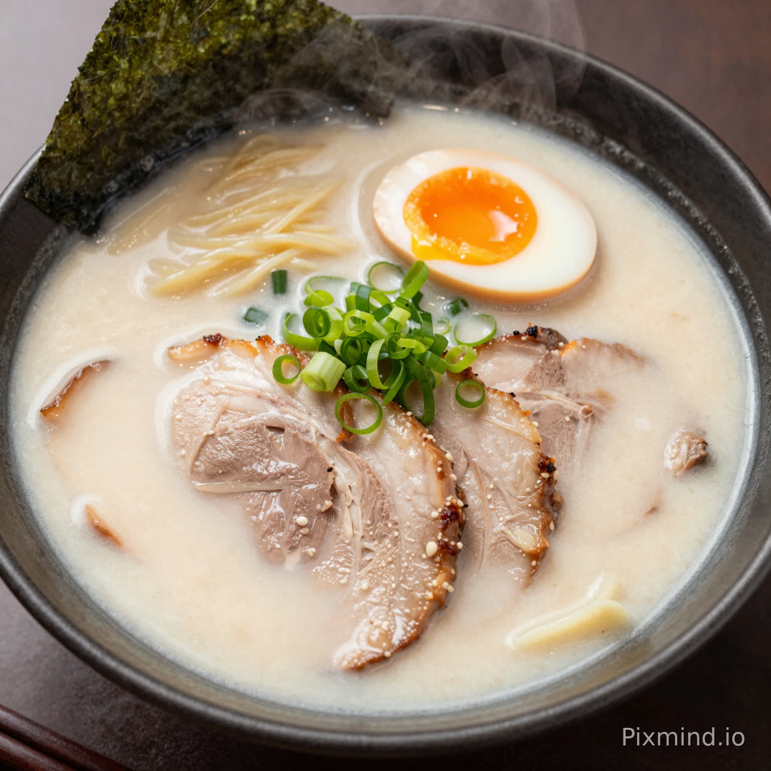 A top-down view of a steaming hot bowl of Tonkotsu ramen. The broth is rich and creamy white, topped with slices of tender chashu pork with glistening fat, a perfect soft-boiled egg with a runny orange yolk, fresh green onions, and nori sheets. Steam is rising from the bowl. The texture of the noodles is visible. Warm lighting, appetizing color palette, professional food photography, high fidelity.