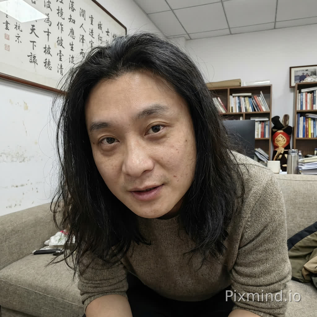 年轻中国男性,35–40 岁人物形象必须强烈、严格参考提供的参考图(reference image)脸型、五官比例、眉眼结构、鼻子与嘴唇形态高度一致,不要生成陌生面孔不要偏离参考图人物不要网红脸。自然好看五官真实并非完美有生活感有记忆点人物呈现高度写实状态允许存在细微真实瑕疵,例如:轻微黑眼圈轻微肤色不均小痘印或细小毛孔不是“完美状态”整体感觉真实、像真实存在的人而不是生成感强的模特长发自然披散略微凌乱不对称。
不是精心整理有几缕头发自然垂落在脸侧或锁骨位置呈现人物采访真实状态自然、随意、有男性魅力表情放松不刻意,管理表情有轻微情绪眼神自然不一直直视镜头偶尔游离像真实聊天中的状态妆容极淡几乎素颜无明显修饰皮肤真实、有毛孔不磨皮不美颜不滤镜穿着休闲衣,而非造型人物坐在沙发上,身体侧对镜头上半身明显前倾人物与镜头距离非常近脸部在画面中占比偏大增强真实交流与亲密压迫感
镜头位于人物正前方与人物眼睛同一高度正面构图(frontal shot)非自拍画面中不出现相机或手机。
背景为男性办公室自然、可见真实生活痕迹例如:挂画略有不齐墙面有生活使用感装饰不完全对称整体真实,不“样板间”整体色调偏冷或中性真实色彩不做风格化调色不暖黄不暧昧滤镜不过度科技感偏真实夜晚光线夜晚环境主光源为白色或中性灯光光线略不均匀允许轻微阴影符合真实办公室照明不追求完美补光胸部以上或偏近景构图脸部细节清晰背景轻微虚化画面有真实呼吸感写实摄影风格偏纪录感偏生活影像允许不完美非商业广告非摆拍非棚拍