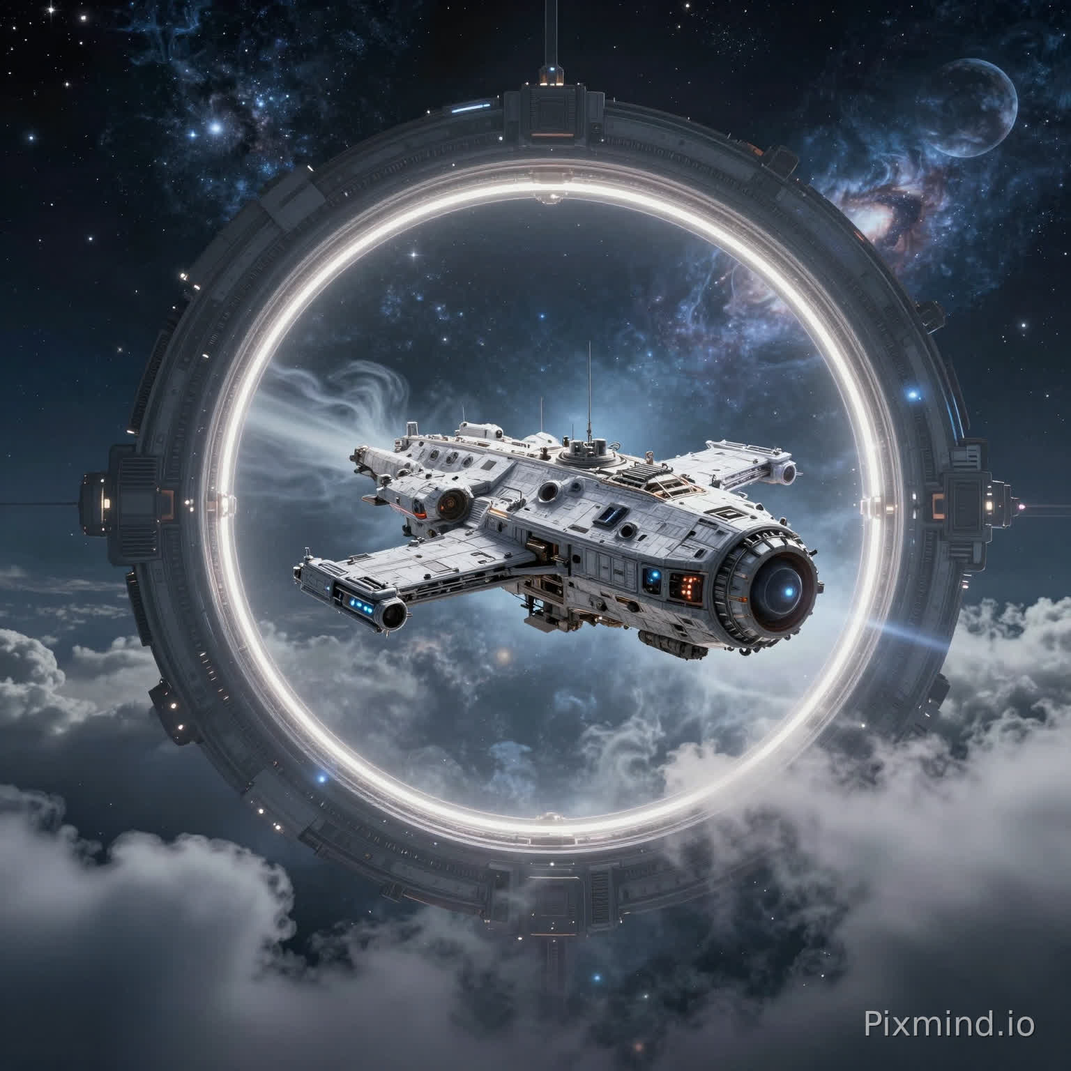 3D, three-dimensional, cosmic starry sky. Clouds and mists are churning. Planets. Grey-blue color system. A cumbersome, complex, magnificent and huge spaceship passes through the time-space gate. Highlight. Light body. The huge and magnificent time-space gate is circular and luminous. Sense of technology.