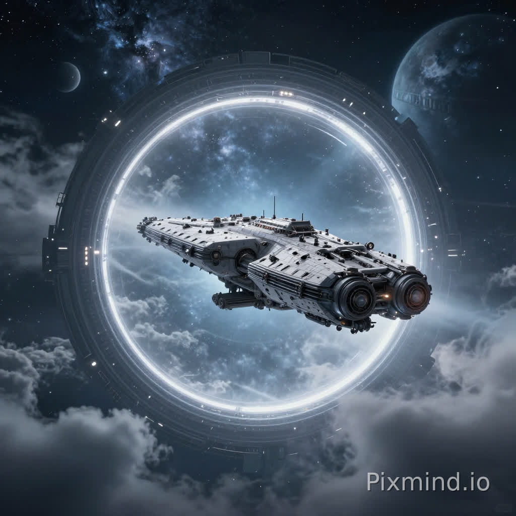 3D, three-dimensional, cosmic starry sky. Clouds and mists are churning. Planets. Grey-blue color system. A cumbersome, complex, magnificent and huge spaceship passes through the time-space gate. Highlight. Light body. The huge and magnificent time-space gate is circular and luminous. Sense of technology.