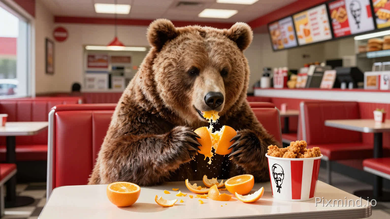 A surreal and hyper-realistic cinematic shot of a massive, fluffy brown bear sitting comfortably at a red leather booth inside a bustling KFC-style fast food restaurant. The bear is delicately peeling and devouring vibrant, juicy oranges with its large paws, creating a mess of citrus peels on the white laminate table next to a pushed-aside bucket of fried chicken. The background features characteristic fast-food decor with red and white branding, illuminated menu boards, and checkerboard tiled floors. Lighting is a mix of bright overhead fluorescent glare and warm natural sunlight streaming through a side window, highlighting the texture of the bear's fur and the glistening orange pulp. 8k resolution, highly detailed, photorealistic, sharp focus, whimsical composition, deep depth of field, professional photography, masterpiece.