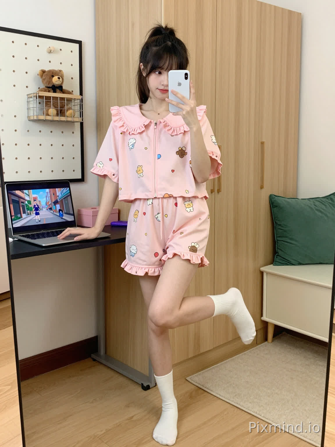 一个扎着高马尾、齐刘海垂到眉毛的年轻女子,正用白色智能手机凑近脸自拍。她姿势俏皮又随意:左手搭在笔记本电脑上,右手拿手机,一条腿微微抬起并弯曲膝盖,另一条腿稳稳站在地上。
她穿着浅粉色短款夹克,袖口和下摆有荷叶边装饰,里面搭配同色系粉色短袖上衣,两者都印着小巧的彩色卡通图案(爱心、星星和可爱动物元素)。下半身是印有相同卡通图案的粉色短裤,脚上穿着白色及膝袜,没穿鞋。
室内场景,可能是卧室或温馨的房间。背景是浅色木质竖条纹衣柜。她的左边,一面黑色边框的墙,上面有一块洞洞板,挂着一个金属网格架,架子上放着一个棕色毛绒玩具;旁边是一台打开的银色笔记本电脑,屏幕上显示着动漫场景,屏幕下方的书桌上放着一个粉色小盒子和一个紫色物品。她的右边,一张浅色小边桌,上面放着一个绿色抱枕。地板是浅色木质的,桌子旁边有一块米色地毯。
柔和的室内自然光,明亮均匀,阴影轻微,增强了温暖、舒适的氛围。
写实风格,高清画质,侧重于少女感和休闲可爱的美学;服装(夹克和短裤的柔软面料)、木质家具和房间内的小装饰物品都有细腻的纹理。
笔记本电脑屏幕上显示着街道场景中的动漫角色;洞洞板有小孔和白色边框;边桌有装饰性的微弧形边角设计。整体构图突出了主体俏皮的姿势和温馨整洁的房间环境。