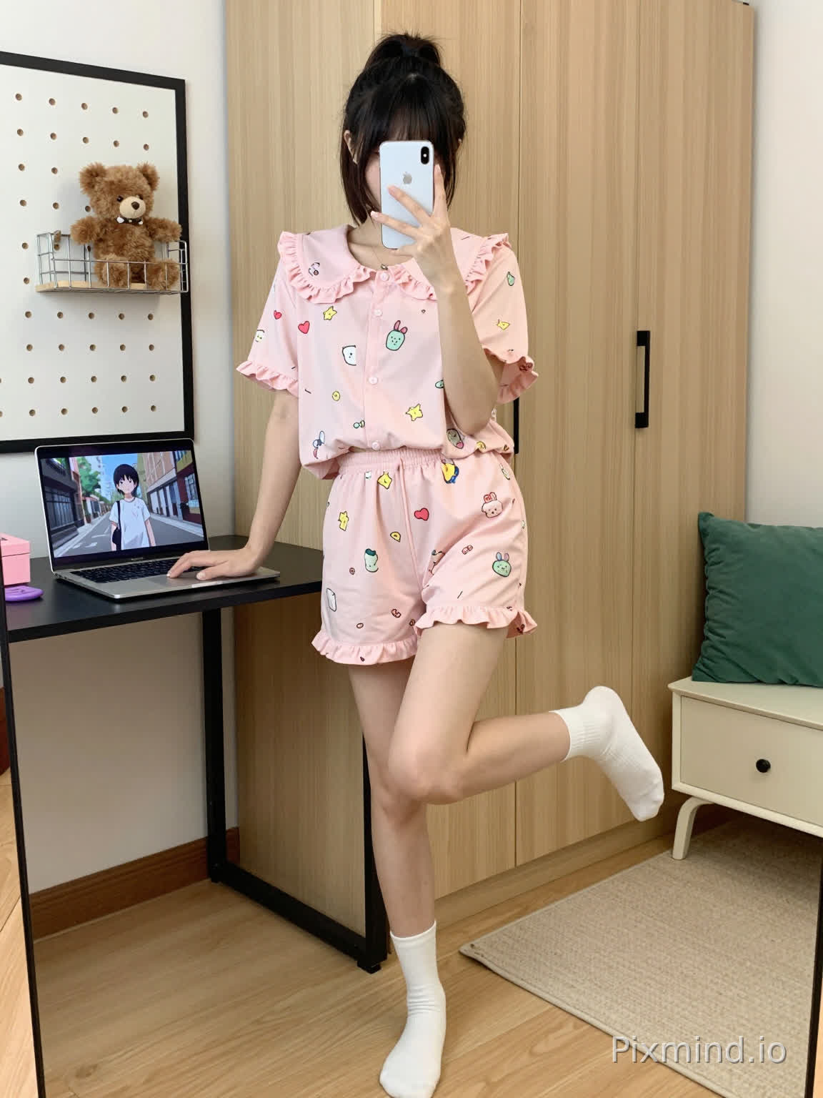 一个扎着高马尾、齐刘海垂到眉毛的年轻女子,正用白色智能手机凑近脸自拍。她姿势俏皮又随意:左手搭在笔记本电脑上,右手拿手机,一条腿微微抬起并弯曲膝盖,另一条腿稳稳站在地上。
她穿着浅粉色短款夹克,袖口和下摆有荷叶边装饰,里面搭配同色系粉色短袖上衣,两者都印着小巧的彩色卡通图案(爱心、星星和可爱动物元素)。下半身是印有相同卡通图案的粉色短裤,脚上穿着白色及膝袜,没穿鞋。
室内场景,可能是卧室或温馨的房间。背景是浅色木质竖条纹衣柜。她的左边,一面黑色边框的墙,上面有一块洞洞板,挂着一个金属网格架,架子上放着一个棕色毛绒玩具;旁边是一台打开的银色笔记本电脑,屏幕上显示着动漫场景,屏幕下方的书桌上放着一个粉色小盒子和一个紫色物品。她的右边,一张浅色小边桌,上面放着一个绿色抱枕。地板是浅色木质的,桌子旁边有一块米色地毯。
柔和的室内自然光,明亮均匀,阴影轻微,增强了温暖、舒适的氛围。
写实风格,高清画质,侧重于少女感和休闲可爱的美学;服装(夹克和短裤的柔软面料)、木质家具和房间内的小装饰物品都有细腻的纹理。
笔记本电脑屏幕上显示着街道场景中的动漫角色;洞洞板有小孔和白色边框;边桌有装饰性的微弧形边角设计。整体构图突出了主体俏皮的姿势和温馨整洁的房间环境。