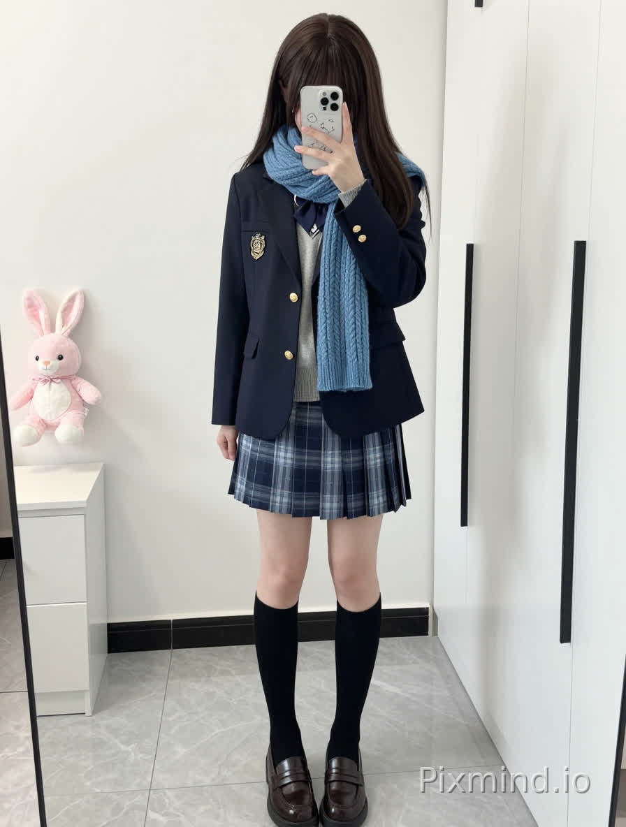 一张年轻亚洲女性对着镜子自拍的照片,她站在明亮的室内房间里。她有着长深棕色直发,带着齐刘海,头发垂到中背。她右手拿着一部白色iPhone,手机遮住了脸,手机背面有可爱的卡通图案。她穿着深蓝色西装外套,上面有金色纽扣,左胸处别着一枚小巧的金色小学校徽,里面穿着灰色圆领毛衣,领口露出深蓝色衬衫领子。脖子和肩膀上搭着一条宽松的蓝色针织围巾(绞花针织纹理)。她搭配的是蓝白格子百褶裙,裙摆到大腿中部,脚上穿着黑色过膝袜,脚上是棕色乐福鞋,鞋跟较低,鞋面光滑。背景是白色的墙壁,浅灰色的大理石地砖,左侧有一个白色多层储物柜,柜子上放着一个粉色毛绒兔子玩偶(长耳朵,粉色衣服,带有白色点缀),右侧是带黑色垂直把手的白色衣柜门。室内光线柔和、漫射,为自然光,没有刺眼的阴影,细节丰富,风格写实,带有校服美学和日常生活的氛围。