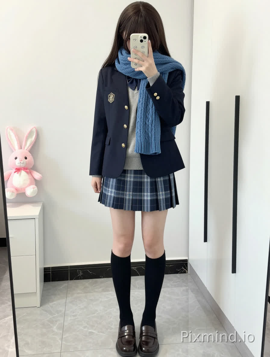 一张年轻亚洲女性对着镜子自拍的照片,她站在明亮的室内房间里。她有着长深棕色直发,带着齐刘海,头发垂到中背。她右手拿着一部白色iPhone,手机遮住了脸,手机背面有可爱的卡通图案。她穿着深蓝色西装外套,上面有金色纽扣,左胸处别着一枚小巧的金色小学校徽,里面穿着灰色圆领毛衣,领口露出深蓝色衬衫领子。脖子和肩膀上搭着一条宽松的蓝色针织围巾(绞花针织纹理)。她搭配的是蓝白格子百褶裙,裙摆到大腿中部,脚上穿着黑色过膝袜,脚上是棕色乐福鞋,鞋跟较低,鞋面光滑。背景是白色的墙壁,浅灰色的大理石地砖,左侧有一个白色多层储物柜,柜子上放着一个粉色毛绒兔子玩偶(长耳朵,粉色衣服,带有白色点缀),右侧是带黑色垂直把手的白色衣柜门。室内光线柔和、漫射,为自然光,没有刺眼的阴影,细节丰富,风格写实,带有校服美学和日常生活的氛围。