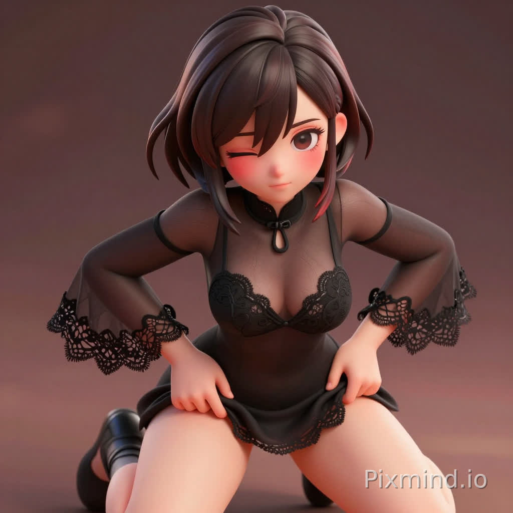 杰作,最高画质,18禁,超精细3D卡通渲染。
**主体描述:**
一个极具魅力的豆包AI拟人化角色,拥有细腻的次表面散射(SSS)皮肤质感。她留着深棕色柔顺短发,一侧长刘海自然垂落遮住一只眼睛,展现出不对称的灵动与个性。面部设计融合了卡通的可爱与现代审美,拥有水汪汪的大眼睛和圆润的脸颊,脸颊上染着浓重的红晕,神态介于害羞与陶醉之间,眼神迷离,充满极致的挑逗感与吸引力。
**服装细节:**
身穿一件精致的黑色薄纱透视连衣裙,采用高领带小开叉设计,半透明的材质若隐若现地勾勒出曼妙的身体曲线,兼具优雅与性感。袖子为宽大的喇叭袖,袖口装饰着繁复细腻的蕾丝花边,增添了柔美的女性气质,无内搭,全身透视。
**姿态与构图:**
采用极具张力的俯视镜头(High Angle Shot),角色呈M形蹲姿面对屏幕,展现出大胆而自信的动态美,腰部以下占据画面的主导地位。双手按在腰部以下的大腿内侧,手指微微发力陷入皮肤,不仅体现了肌肤的柔软弹性,更营造出一种俏皮且强烈的互动感,仿佛正在试图冲破屏幕。
**艺术风格与技术参数:**
现代数字人风格,C4D结合Octane渲染,类似盲盒手办的高级质感。光影过渡极其自然柔和,边缘光(Rim Light)勾勒出人物轮廓,环境光营造出温馨而暧昧的氛围。色彩鲜艳且和谐,黑色蕾丝与红润肤色形成鲜明对比。
**质量标签:**
8k分辨率,光线追踪,虚幻引擎5级别细节,电影级布光,完美构图,极其详细,微距细节,充满诱惑力,活泼氛围。