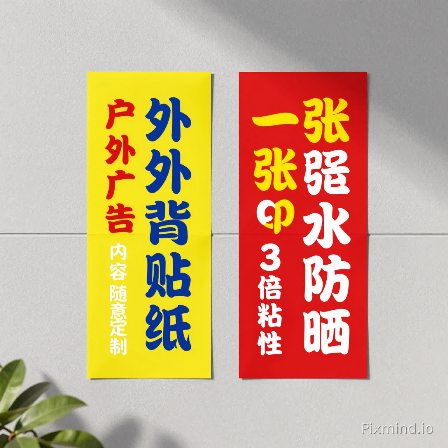 详细AI图像提示:
一幅写实场景,画面中有两张垂直矩形的自粘广告背胶贴纸,并排粘贴在一面光滑的浅灰色纹理墙面上。
- **左侧海报**:以明亮的纯黄色背景为主。顶部区域醒目印刷着醒目、粗体的红蓝两色汉字:主体文字“户外广告背胶贴纸”(Outdoor Advertising Back胶 Stickers)为红蓝两色,下方配有白色小字:“尺寸内容随意定制”(Size and Content Can Be Customized Arbitrarily)。海报表面略带光泽,是自粘材料的典型特征,边缘对齐整齐,平整地贴合墙面。
- **右侧海报**:位于右侧,以充满活力的纯红色背景为特色。醒目、粗体的黄白两色汉字:主体文字“一张起印 防水防晒”(Print from One Sheet, Waterproof and Sunproof)为黄白两色,下方配有白色小字:“升级3倍粘性”(3x Upgraded Viscosity)。这张海报同样具有光泽的自粘表面,色彩饱和度鲜明,与左侧的黄色海报形成强烈视觉对比。
- **背景**:浅灰色墙面带有细微纹理,墙面上有因墙体结构形成的浅淡水平线。在墙面左下角,几片稀疏的绿植叶子探入画面,为都市场景增添了一抹自然绿意。
- **光线**:柔和漫射的自然光照射场景,在海报下方投下微弱阴影,并突出自粘材料的光泽表面,增强文字和背景的立体感。
- **整体构图**:两张海报在墙面上水平居中,彼此间距均等,形成平衡的视觉布局。两张海报上的文字清晰易读,通过调整字体大小和色彩对比以确保可读性。