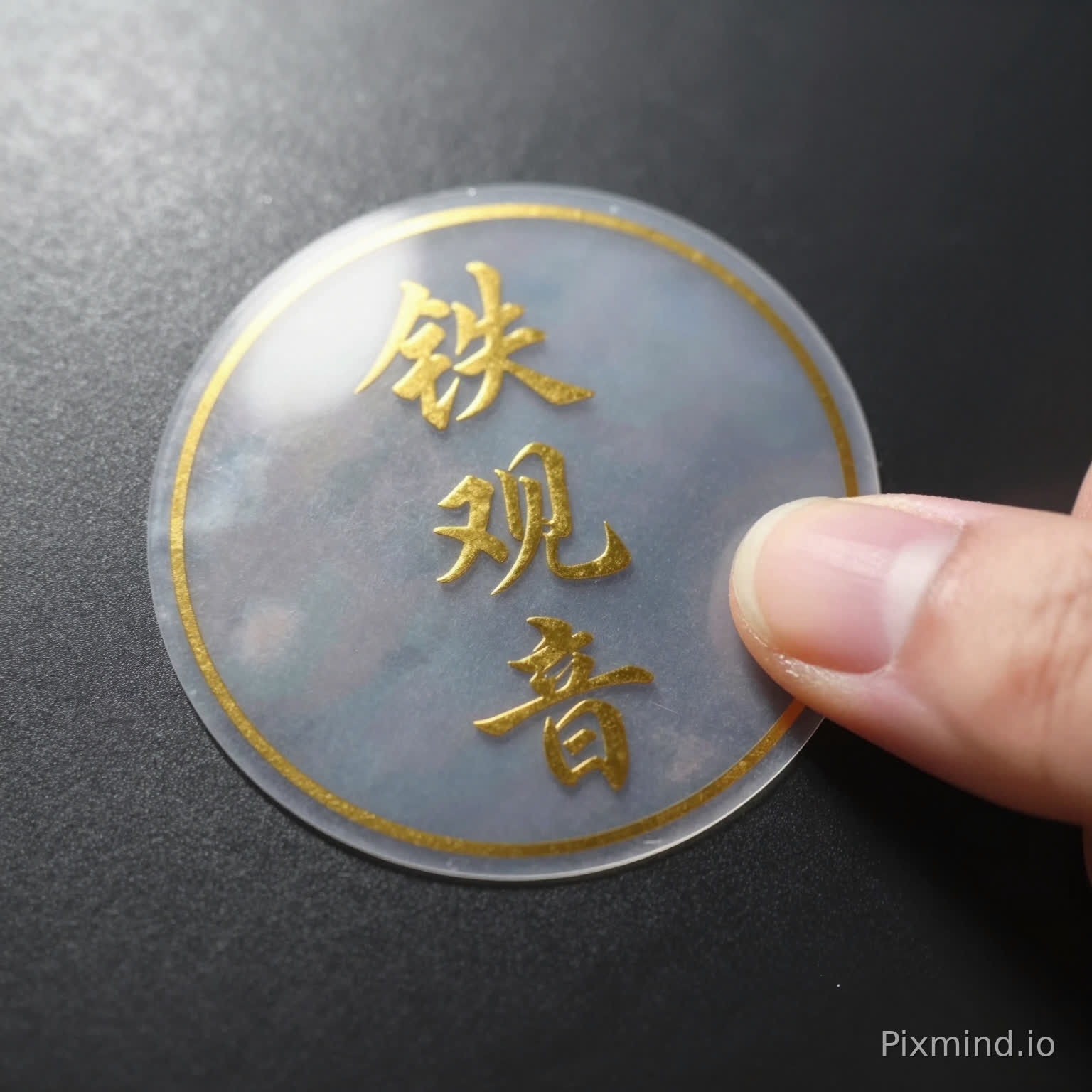 一张半透明圆形贴纸,贴纸上有竖排金色中文书法文字“铁观音”(Tieguanyin),采用传统字体。贴纸边缘装饰有精致的金色墨水边框。一只人类食指(自然肤色,指甲干净,未涂指甲油)轻轻按压贴纸边缘,呈现出轻微的弯曲姿态。背景为深黑色哑光表面,增强了贴纸的透明度和金色文字的光泽。左上角柔和的定向光线在文字上部形成鲜明的高光,同时透明贴纸表面有细微的光线反射,为质感增添深度。画面写实、细节丰富,重点捕捉贴纸的半透明效果、金色文字的金属光泽以及手部自然的姿态。