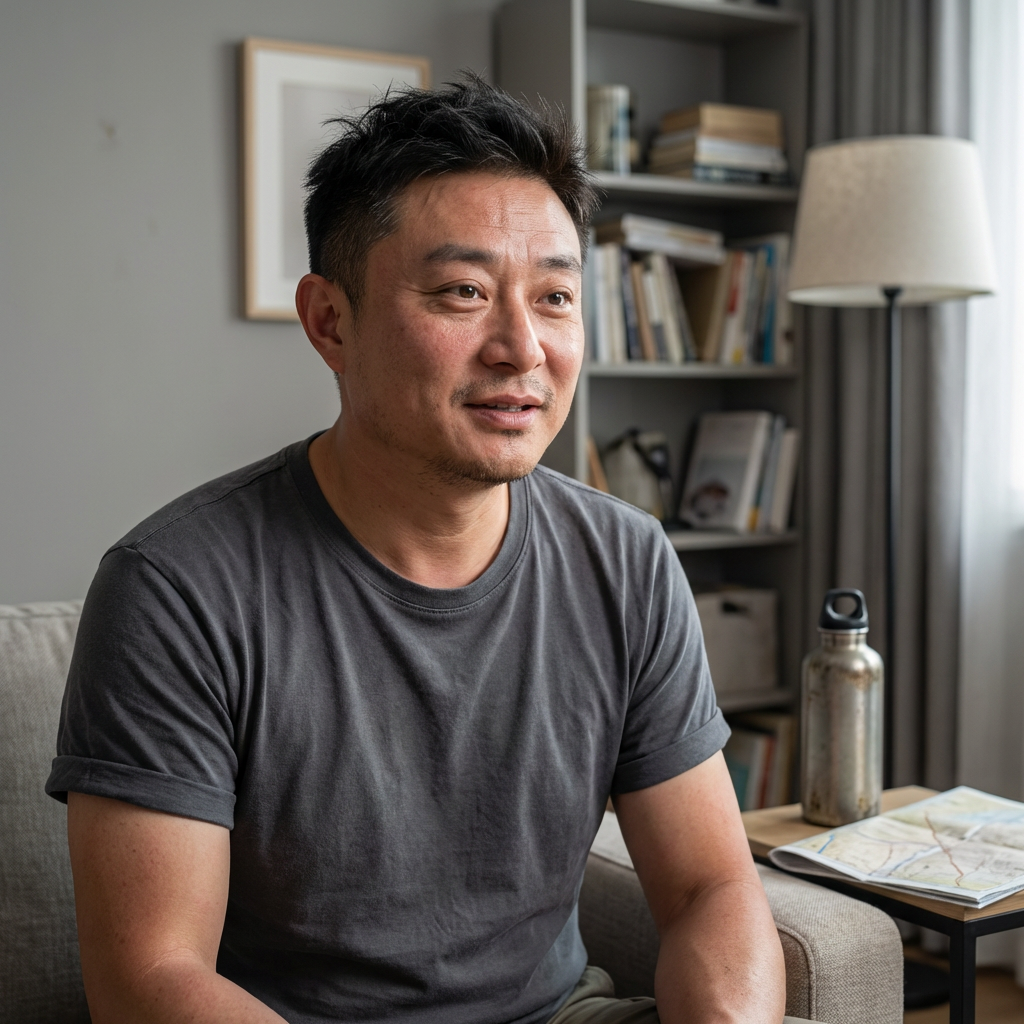 人物形象提示词:
人物基础与核心要求:
中国男性,35-40岁。人物形象必须强烈、严格参考提供的参考图(reference image)——脸型、五官比例、眉眼结构、鼻子与嘴唇形态高度一致,不要生成陌生面孔,不要偏离参考图人物。自然好看,五官真实并非完美,有生活感有记忆点。人物呈现高度写实状态,允许存在细微真实瑕疵,例如:轻微法令纹、眼角细纹、肤色不均、胡茬青印、毛孔可见。不是“完美状态”,整体感觉真实、像真实存在的访谈嘉宾,而非模特。
面部与皮肤细节:
皮肤真实,有明显毛孔质感,不磨皮不美颜不滤镜。面部有岁月痕迹,肤色可能因沙漠户外经历而略显粗糙或轻微泛红。胡须区域有自然生长的胡茬,非精心修剪的造型胡须。
发型:
短发,自然无造型感。可能因为旅途劳顿略微凌乱,有几缕头发不听话地翘起或贴在额前,呈现长途跋涉后回到城市接受采访的真实状态。自然、随意、有男性魅力。
表情与状态:
表情放松且专注,带有讲述亲身经历时的沉浸感。眉头可能在回忆艰难时刻时轻微蹙起,嘴角带有讲述孩子成长时自然流露的、克制的微笑。眼神深邃、有内容,时而看向镜头与采访者交流,时而因回忆而看向虚空的某处,像真实聊天中的状态——真诚、疲惫中带着光亮。
服装:
穿着休闲但不随意,符合访谈场景的简约感。例如:一件质地舒适的纯色棉质T恤(深灰/藏青/军绿),或者一件洗旧的牛津纺衬衫,袖子可能随意挽起至小臂中段。无Logo,无明显装饰。
姿态与构图:
人物坐在访谈专用的椅子上(如单人布艺沙发或简约办公椅),背景为简约的访谈空间(非正式演播室)。身体略微前倾,呈现出倾听和认真回答问题的交流姿态。镜头位于人物正前方偏上一点(轻微俯视感),半身构图(腰部以上),脸部在画面中占比适中,细节清晰。
环境与道具:
背景为一个简洁但有生活气息的工作室或书房角落。墙面为中性色(浅灰/米白),可见真实生活痕迹,例如:一幅简单的挂画、书架的一角(书本略有参差)、一盏落地灯。整体真实,不“样板间”。为了呼应“沙漠亲子徒步”主题,人物身旁的小边几上可以放着一个老旧的户外水壶,或者一张折叠起来的沙漠徒步路线图,作为话题的引子。
光线与色彩:
整体色调偏中性或轻微冷调,符合理性访谈的质感。光线为柔和的棚拍灯或自然窗光,但保留真实的光影过渡,不过度追求完美平光。面部光线有层次,突出轮廓与神情。背景轻微虚化,但环境仍可辨识。
摄影风格:
写实摄影风格,偏纪录感,偏人文访谈。允许不完美,非商业广告,非摆拍。画面有呼吸感,仿佛能听到被采访者讲述沙漠中脚步声的瞬间。