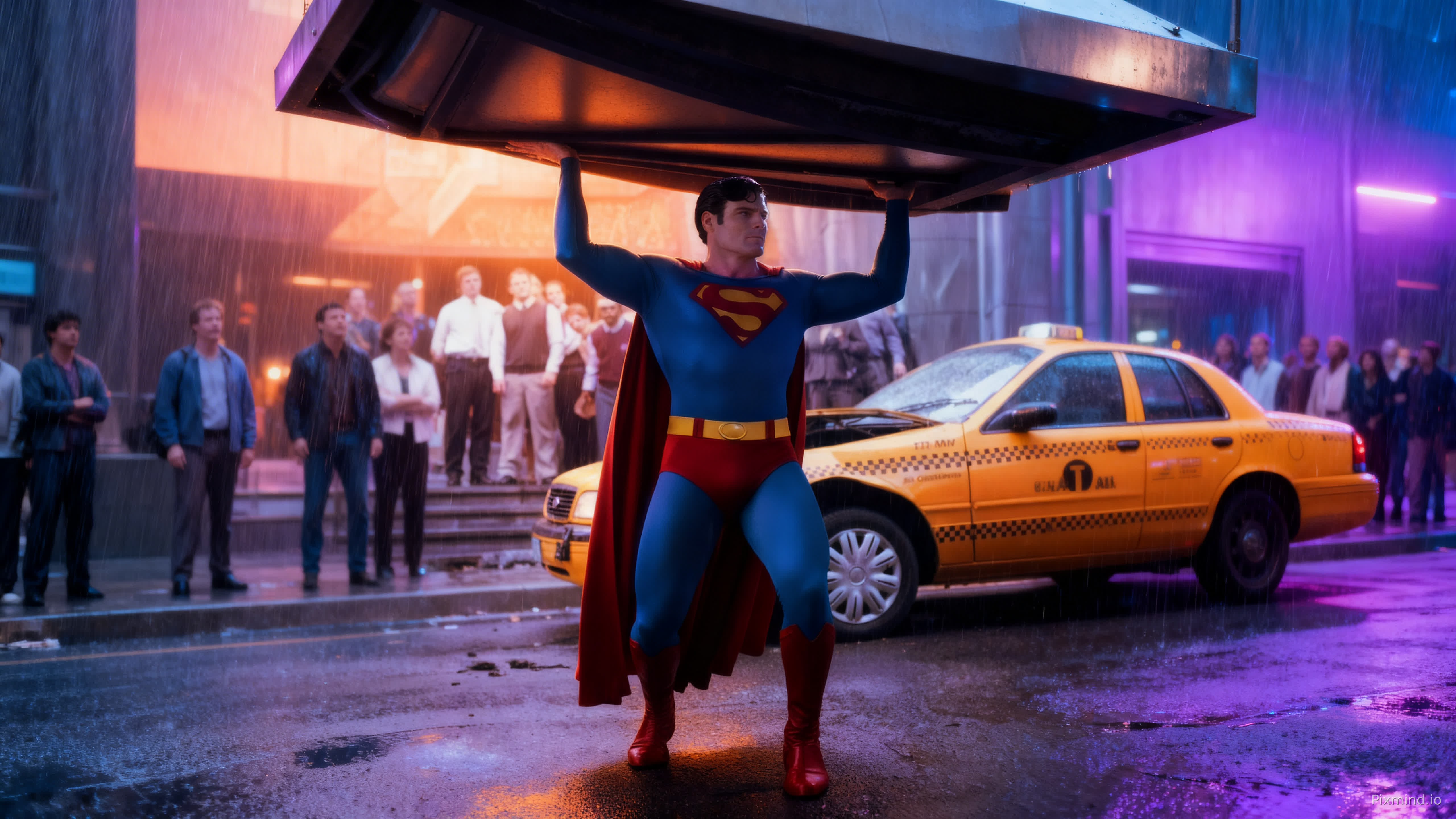 Ultra-realistic cinematic full body shot portrait of Superman. He is powerfully lifting a large metallic structure above his head with both hands. (do not Change the face)