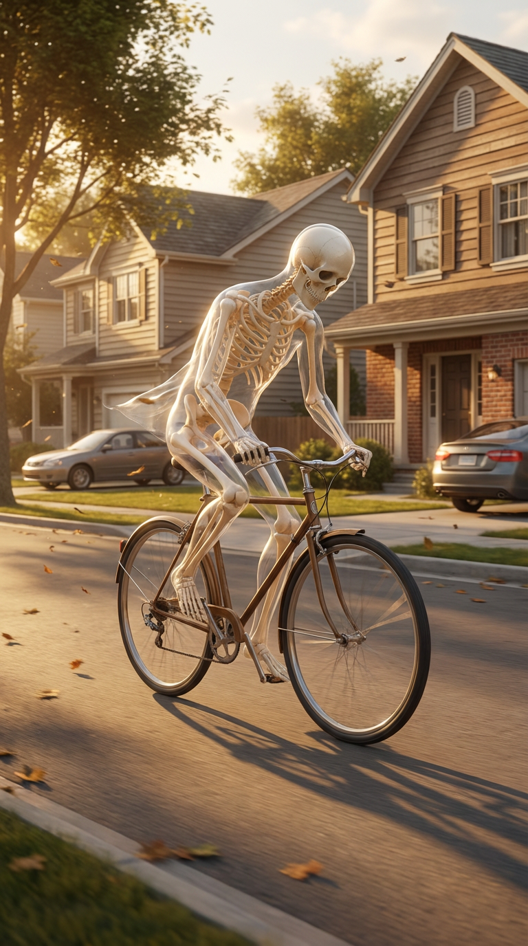 Place the skeleton character riding a bicycle on a suburban street for the first time, shoulders slouched and head lowered in exhaustion. The skeleton must stay consistent in 3D style with the selected reference. Use warm late-afternoon sunlight with long shadows and shoot from a side tracking camera angle. Add subtle dust and light wind movement to enhance realism. Rendered in clean cinematic 3D, highly detailed.