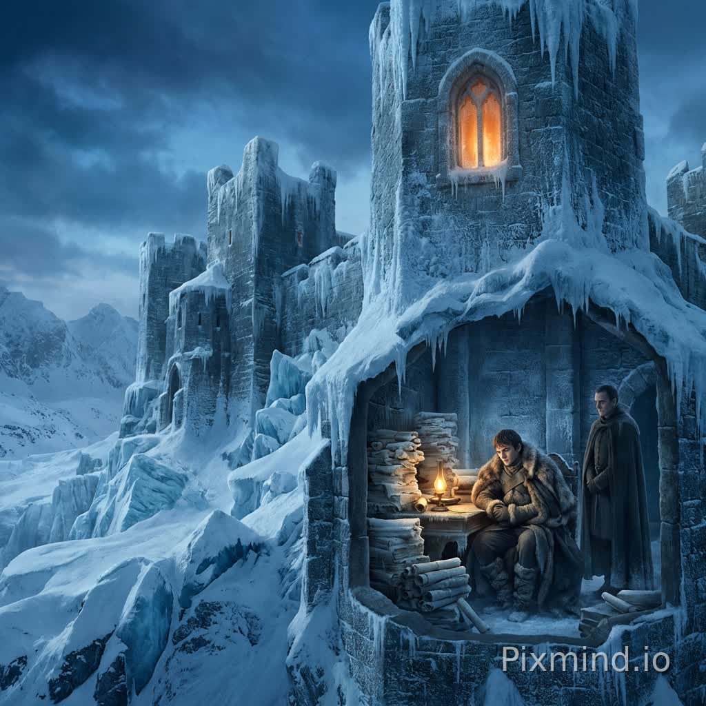 A cinematic fantasy concept art piece, wide angle landscape. A massive, ancient stone fortress citadel is completely encased in thick ice, glaciers, and deep snow, situated in a perpetual, dark winter northern kingdom. The atmosphere is extremely cold, melancholic, and vast. The color palette is dominated by deep blues, frosted whites, and cold grays.
Focus on a high tower window: Inside a high castle chamber, visible through a frosted window, a single, warm, glowing oil lamp burns steadfastly, casting a small orange light against the overwhelming darkness outside.
Interior Cutaway View (optional but recommended for detail): Inside that freezing chamber, a noble young prince wrapped in heavy furs sits surrounded by towering piles of ancient, frozen scrolls and books that seem to trap him. He looks contemplative and burdened. The small oil lamp on his desk illuminates his face. A loyal, standing attendant figure is beside him. The room feels ancient and scholarly but frozen in time. --ar 21:9 (超宽电影画幅) or --ar 16:9