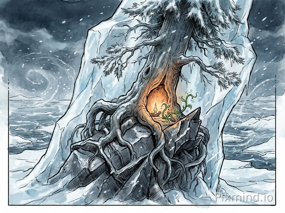 A hand-drawn comic book panel illustration, ink line art with cold watercolor textures.
Scene: A massive, ancient pine tree (Jia Wood) encased within a colossal floating iceberg on a frozen ocean.
The Crucial Detail (Shen Metal Added): The base of the tree trunk and its thick, gnarled roots are not floating freely, but are gripped tightly around a massive, jagged, dark metallic rock formation (representing Shen Metal/Iron Ore). This cold metal block is embedded deep inside the translucent blue ice. The roots struggle to find purchase on the unforgiving, freezing metal stone.
The Hope: Deep within a hollow of the tree trunk above the metal base, a tiny, resilient oil lamp glows with warm orange light (Ding Fire), casting warmth on a shivering vine (Yi Wood) next to it.
Atmosphere: Overwhelmingly cold, majestic, melancholic. The metal rock seems to emanate coldness into the surrounding ice. --ar 16:9
