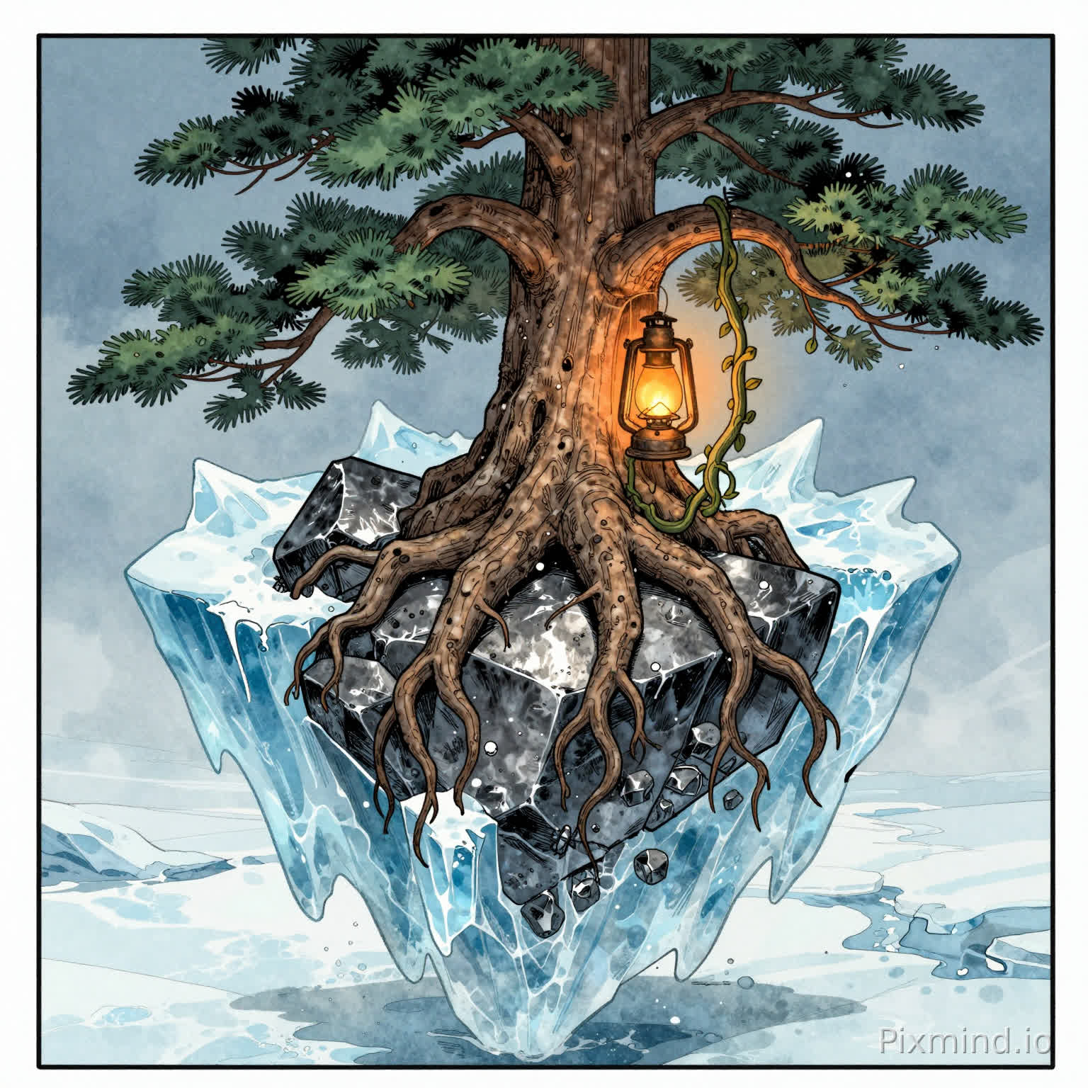 A hand-drawn comic book panel illustration, ink line art with cold watercolor textures.
Scene: A massive, ancient pine tree (Jia Wood) encased within a colossal floating iceberg on a frozen ocean.
The Crucial Detail (Shen Metal Added): The base of the tree trunk and its thick, gnarled roots are not floating freely, but are gripped tightly around a massive, jagged, dark metallic rock formation (representing Shen Metal/Iron Ore). This cold metal block is embedded deep inside the translucent blue ice. The roots struggle to find purchase on the unforgiving, freezing metal stone.
The Hope: Deep within a hollow of the tree trunk above the metal base, a tiny, resilient oil lamp glows with warm orange light (Ding Fire), casting warmth on a shivering vine (Yi Wood) next to it.
Atmosphere: Overwhelmingly cold, majestic, melancholic. The metal rock seems to emanate coldness into the surrounding ice. --ar 16:9