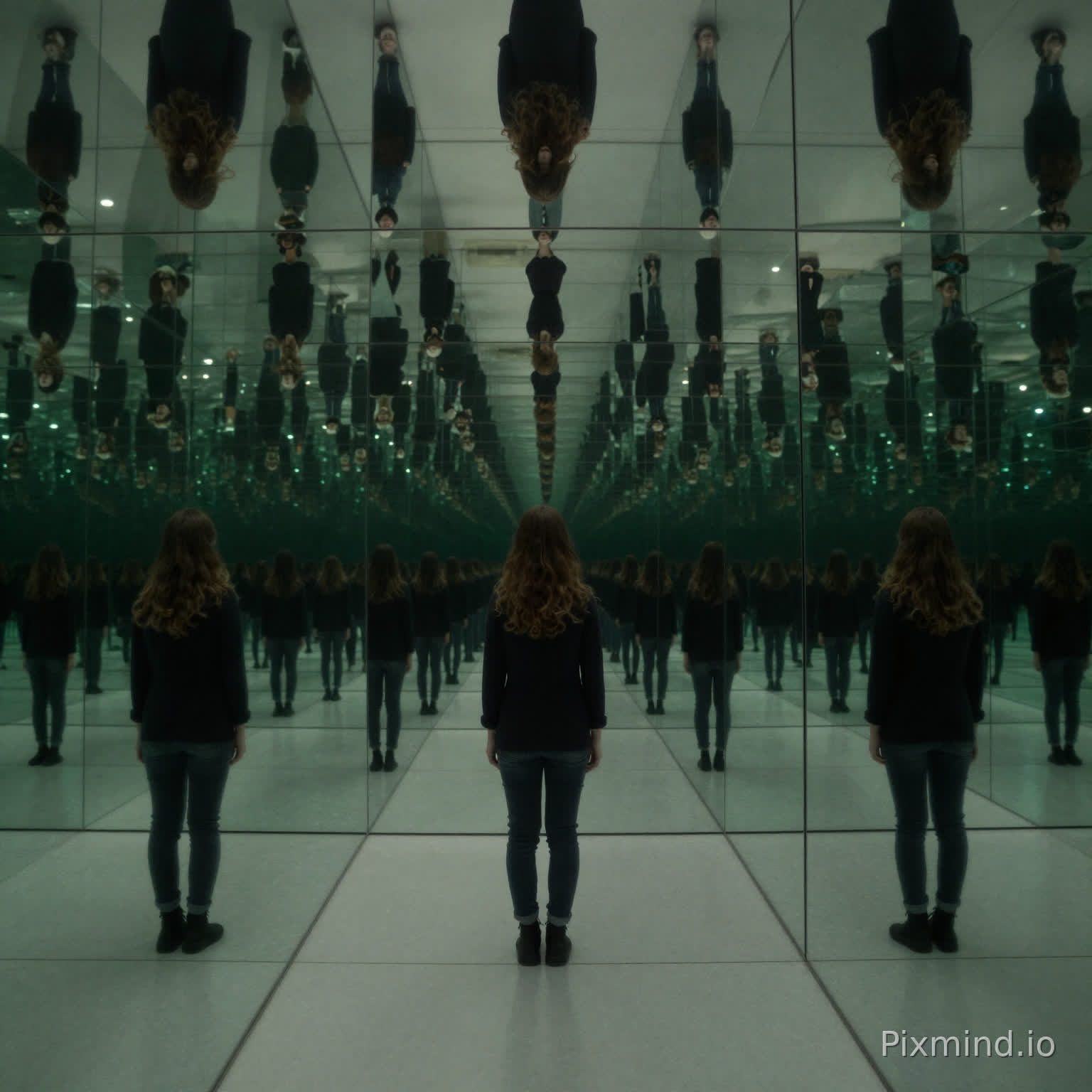 A conceptual art shot of a person standing between two large parallel mirrors. The reflection creates an infinite tunnel of images receding into the distance. Each successive reflection becomes slightly darker and greener (due to glass tint). The perspective is perfectly linear and converging to a vanishing point. Complex optics, mind-bending, photorealistic.