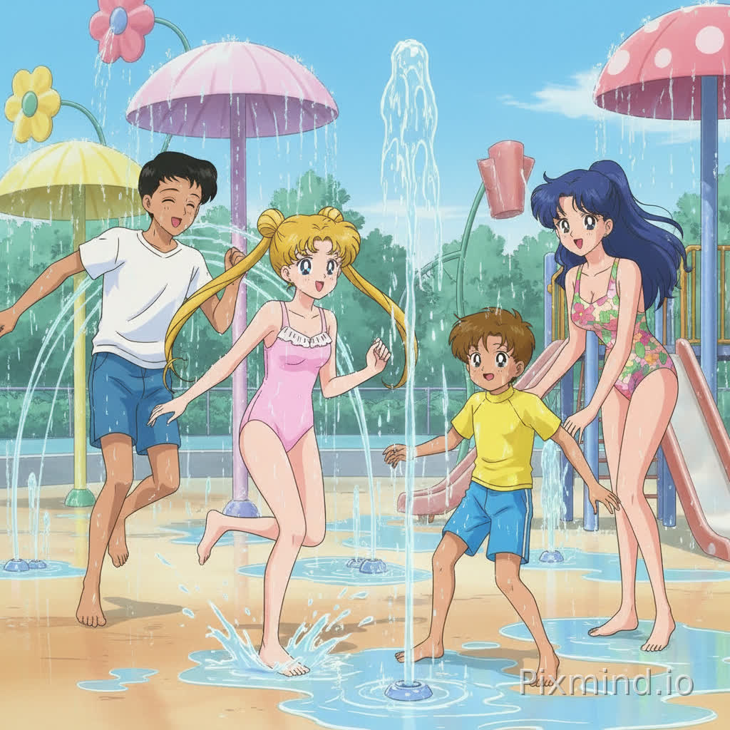 Kenji, Usagi, Shingo and Ikuko wear their swimsuits at the sprayground park running around getting all soaked and wet without the children and adults