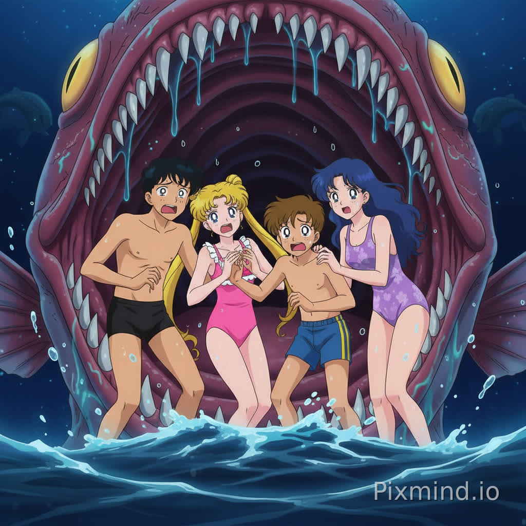 Kenji, Usagi, Shingo and Ikuko wear their swimsuits and they are scared when they got eaten by a huge fish