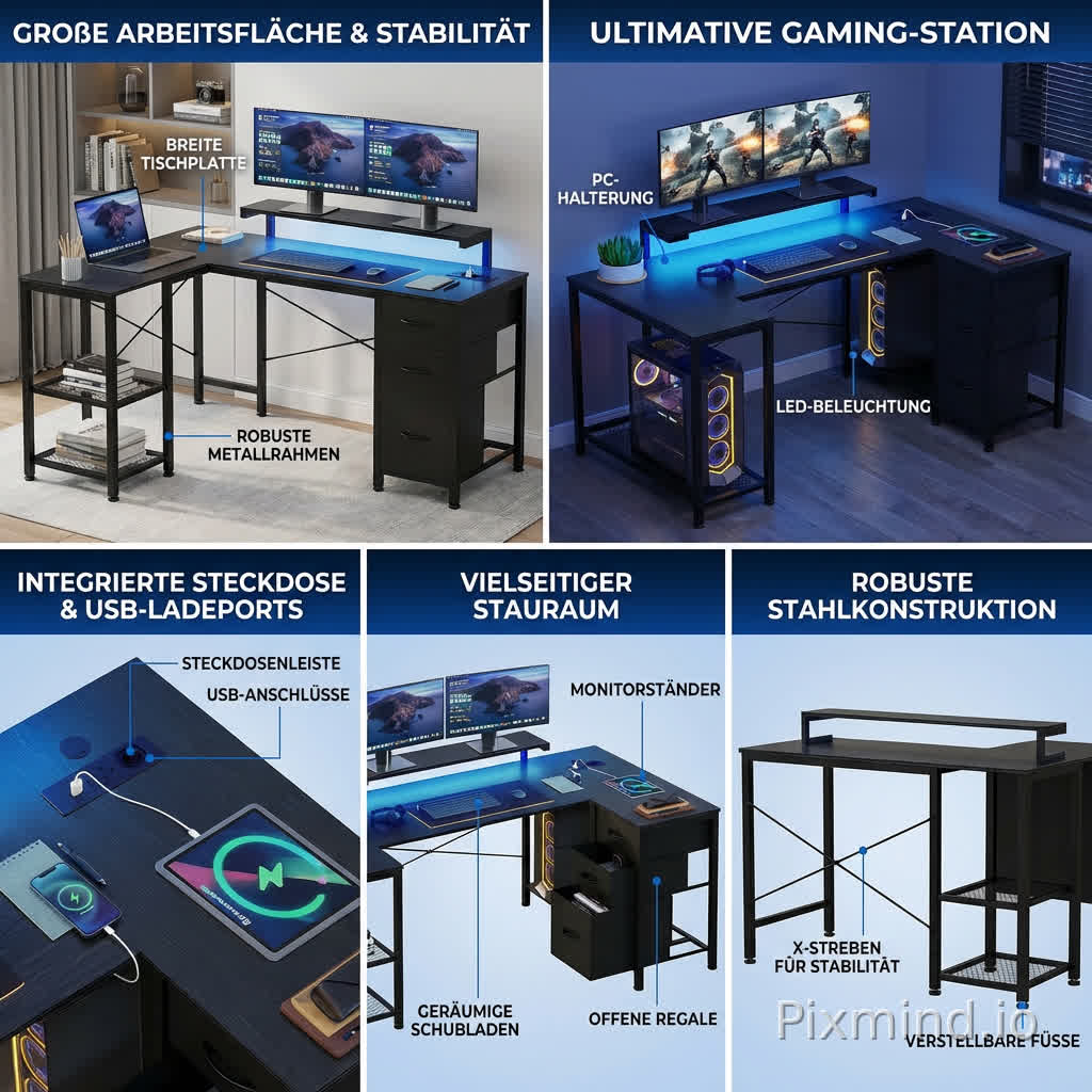 Help me generate 5 Amazon product images in German. The images need to display the desk from multiple angles including the front, side, top, and bottom views, without changing the structure of the desk itself. Each image should reflect a different product selling point, with a unified layout, color tone, and font across all 10 images. All titles must be placed at the very top and centered. Highlight selling points such as large storage space, stability and convenience, and the built-in desktop socket that allows for direct device charging. Include at least 2 lifestyle images reflecting office and gaming atmospheres.
