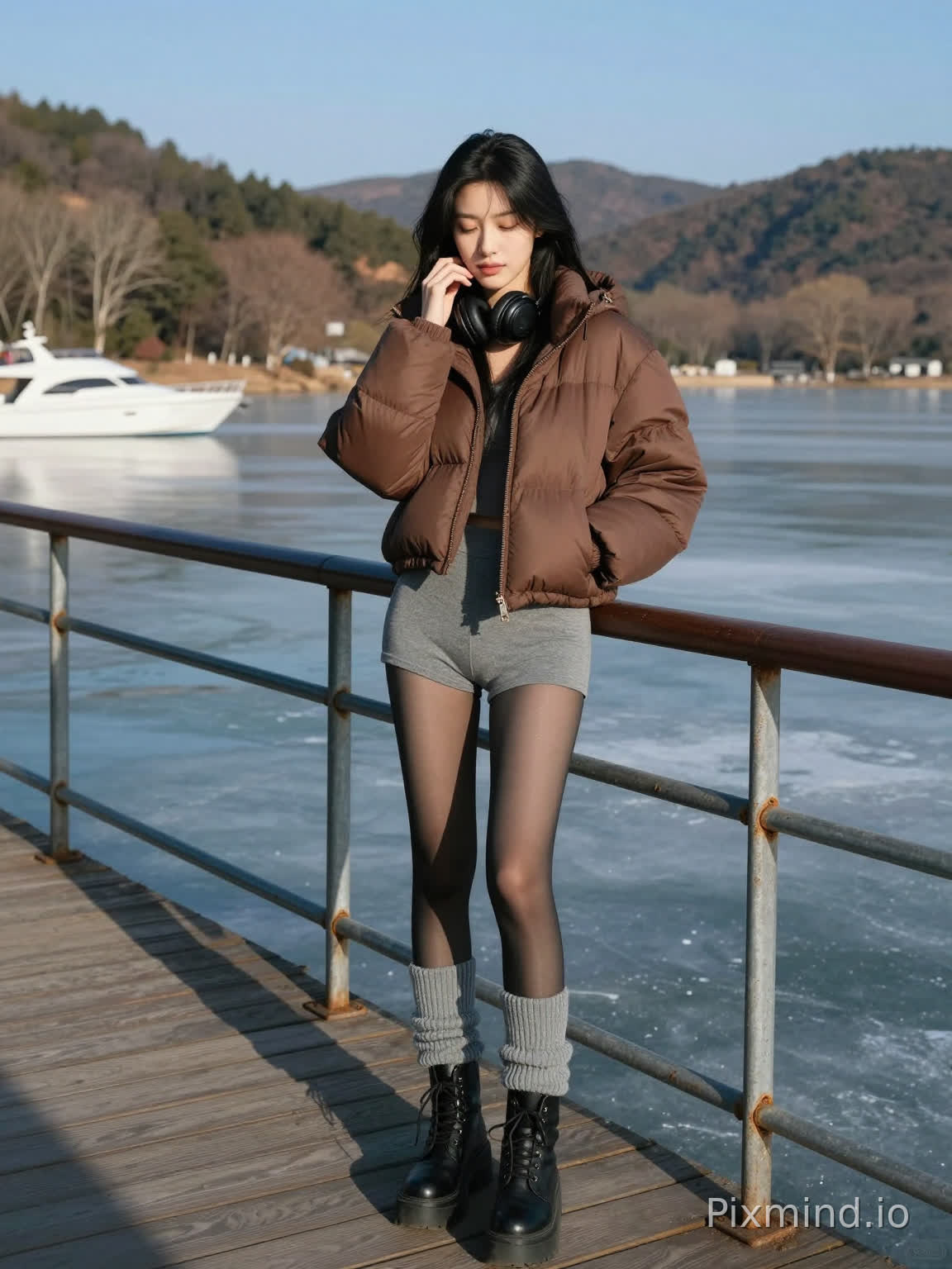 AI图像提示词:一个年轻女性的全身超写实肖像,她站在带有金属栏杆的木质栈道上,略微侧身。她有着黑色长直发,柔和的面部轮廓,自然淡妆(淡妆),闭着或目光微垂的眼睛,以及平静的表情。穿着:棕色带拉链的连帽羽绒服(短款,略带蓬松);灰色高腰短裤,紧身款;黑色透明连裤袜,外面叠穿中筒灰色针织袜;黑色厚底粗跟作战靴,鞋带系紧。黑色头戴式耳机挂在脖子上。她左手插在外套口袋里,右手轻轻抚摸脸颊。背景:一片大湖,部分结冰(有薄冰和平静的水面),左侧停泊着一艘白色游艇。远处起伏的山丘,覆盖着稀疏的冬季植被(光秃秃的树木,深绿和棕色调),晴朗的蓝天,无云。光秃秃的树木沿着湖岸排列。阳光在木质栈道上投下柔和的阴影,营造出温暖自然的光影效果。风格:超写实,极致细节,自然主义,电影级光影,8K分辨率,高对比度,鲜艳色彩,背景柔焦,主体清晰对焦。负面提示词:多手指,肢体缺失,模糊,比例扭曲,最差画质,低分辨率,丑陋,细节不足,多余手臂,多余腿部,文字,水印,签名。((杰作)), ((最佳画质)), (写实), (面部细节), (眼睛细节), (手部细节), (腿部细节), (透明连裤袜纹理), (羽绒服面料纹理), (木质栈道纹理), (金属栏杆锈蚀纹理), (游艇细节), (山丘轮廓), (阳光光束), (自然阴影), (晴朗的蓝天), (冬季氛围)。