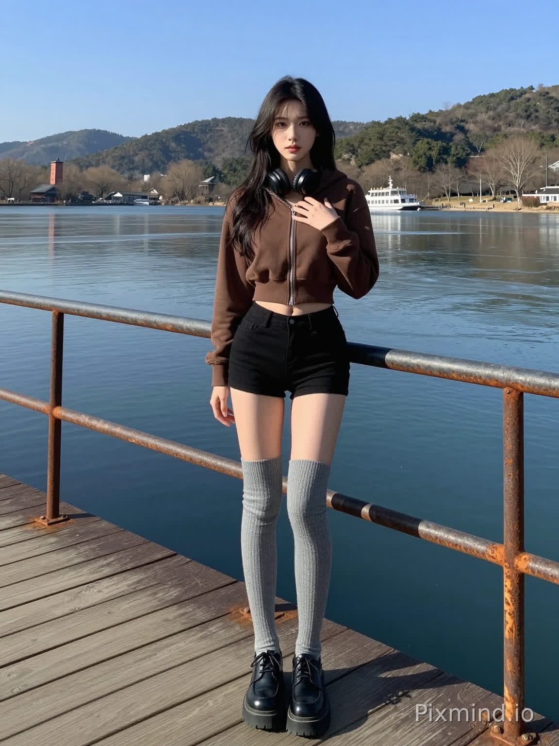 为提供的图像生成的详细AI图像提示:
**(全身照,一位20-25岁的年轻女性,站在湖边的木质栈道上,面向镜头)**
- **外貌**:黑色长直发,自然垂落肩头;深色眼眸,神情平静略带沉思;面部轮廓柔和,皮肤光滑。
- **服装**:
- 一件修身的棕色连帽拉链卫衣,拉链拉至颈部,袖子微微卷起。
- 高腰黑色短裤,露出紧致的腰腹。
- 灰色针织过膝袜,紧贴腿部,长至大腿中部。
- 黑色厚底皮鞋,鞋跟粗壮,鞋带系得整齐。
- **配饰**:黑色颈戴式耳机挂在颈间,手部姿态放松(左手自然下垂,右手轻轻放在胸口)。
- **场景**:
- **前景**:风化的木质栈道,带锈迹的金属扶手(有水平和垂直两种栏杆)。
- **背景**:平静的湖泊,部分区域结有薄冰(深蓝色的水面,泛起轻微涟漪),远处是覆盖着稀疏冬季树木的绿色山丘,湖面上停泊着一艘白色观光船,左岸有一座红砖塔状建筑,天空湛蓝无云。
- **光线与氛围**:明亮的阳光(来自左上方),在栈道和女性衣物上形成明显的光影对比;宁静祥和的户外氛围,冬日晴朗,天气寒冷但空气清新。
**需强调的关键细节**:女性休闲冬装与自然景观的对比,木质栈道和锈蚀金属栏杆的质感,阳光在薄冰覆盖湖面上的倒影,以及户外空间中宁静孤寂的氛围。
此提示在人物外貌、服装、环境及氛围上保持了细节的具体性,以引导AI准确渲染图像。
