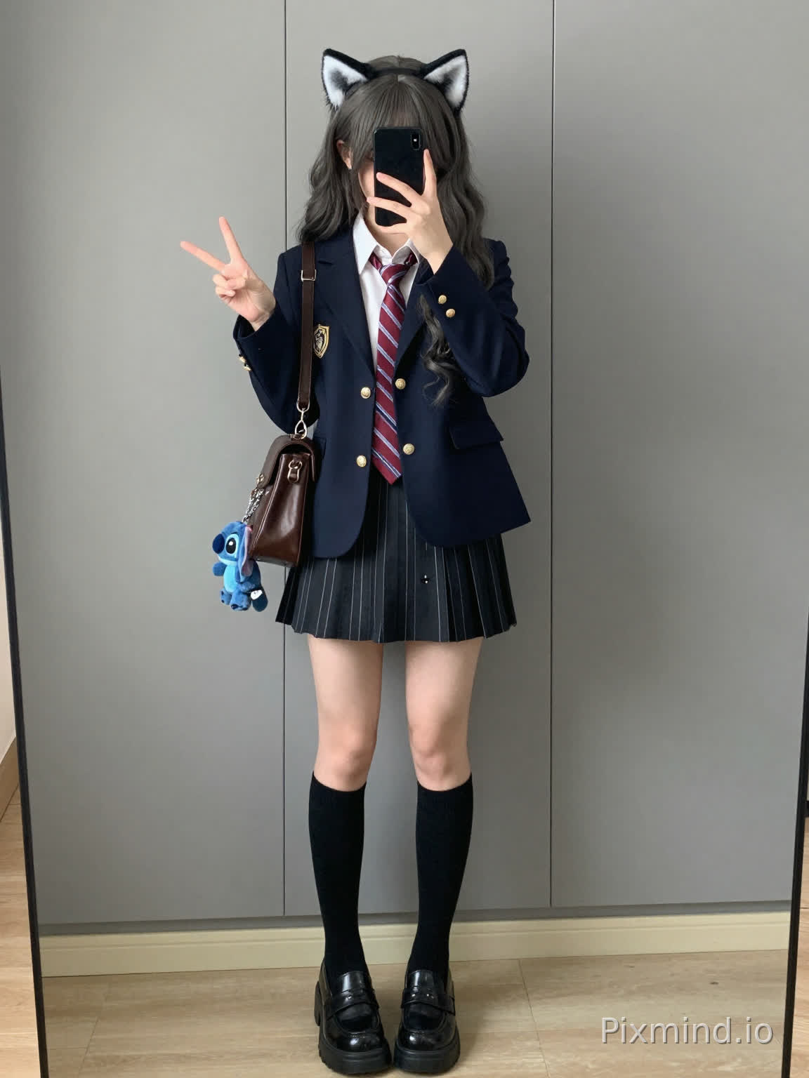 一位年轻女子的全身肖像,她正在自拍,站在室内环境中,背景是灰色镶板墙。她有着深灰色长卷发,戴着一个黑色猫耳朵发箍,发箍内侧是白色的。她的脸部分被右手拿着的黑色智能手机遮挡,左手则比出和平手势。
她穿着校服:一件藏青色西装外套,带有金色纽扣和胸前徽章,内搭白色衬衫,系着红白条纹领带,下身是黑白细条纹百褶裙,裙子前面有一个小星星形状的装饰。她穿着长及膝盖的黑色高筒袜和厚底黑色乐福鞋。
她左肩挎着一个棕色皮质斜挎包,包上用链子挂着一个蓝色小毛绒玩具(像史迪奇)。光线柔和自然,提供均匀的照明和清晰的细节,阴影轻微,将注意力集中在主体和她细节丰富、质感良好的服装上。
