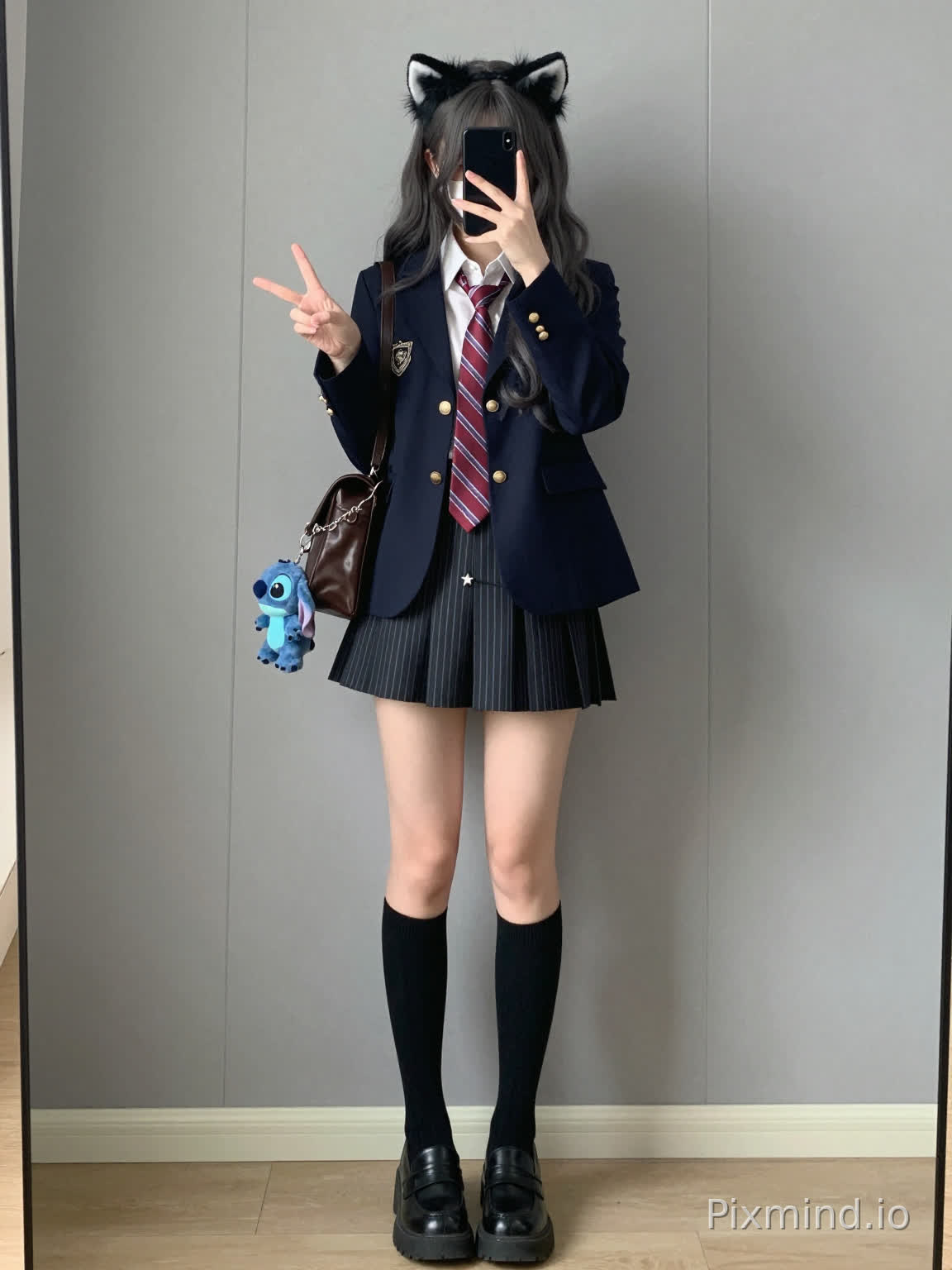 一位年轻女子的全身肖像,她身高168,体重90斤,她正在自拍,有着一双大长腿。她站在室内环境中,背景是灰色镶板墙。她有着深灰色长卷发,戴着一个黑色猫耳朵发箍,发箍内侧是白色的。她的脸部分被右手拿着的黑色智能手机遮挡,左手则比出和平手势。
她穿着校服:一件藏青色西装外套,带有金色纽扣和胸前徽章,内搭白色衬衫,系着红白条纹领带,下身是黑白细条纹百褶裙,裙子前面有一个小星星形状的装饰。她穿着长及膝盖的黑色高筒袜和厚底黑色乐福鞋。
她左肩挎着一个棕色皮质斜挎包,包上用链子挂着一个蓝色小毛绒玩具(像史迪奇)。光线柔和自然,提供均匀的照明和清晰的细节,阴影轻微,将注意力集中在主体和她细节丰富、质感良好的服装上。