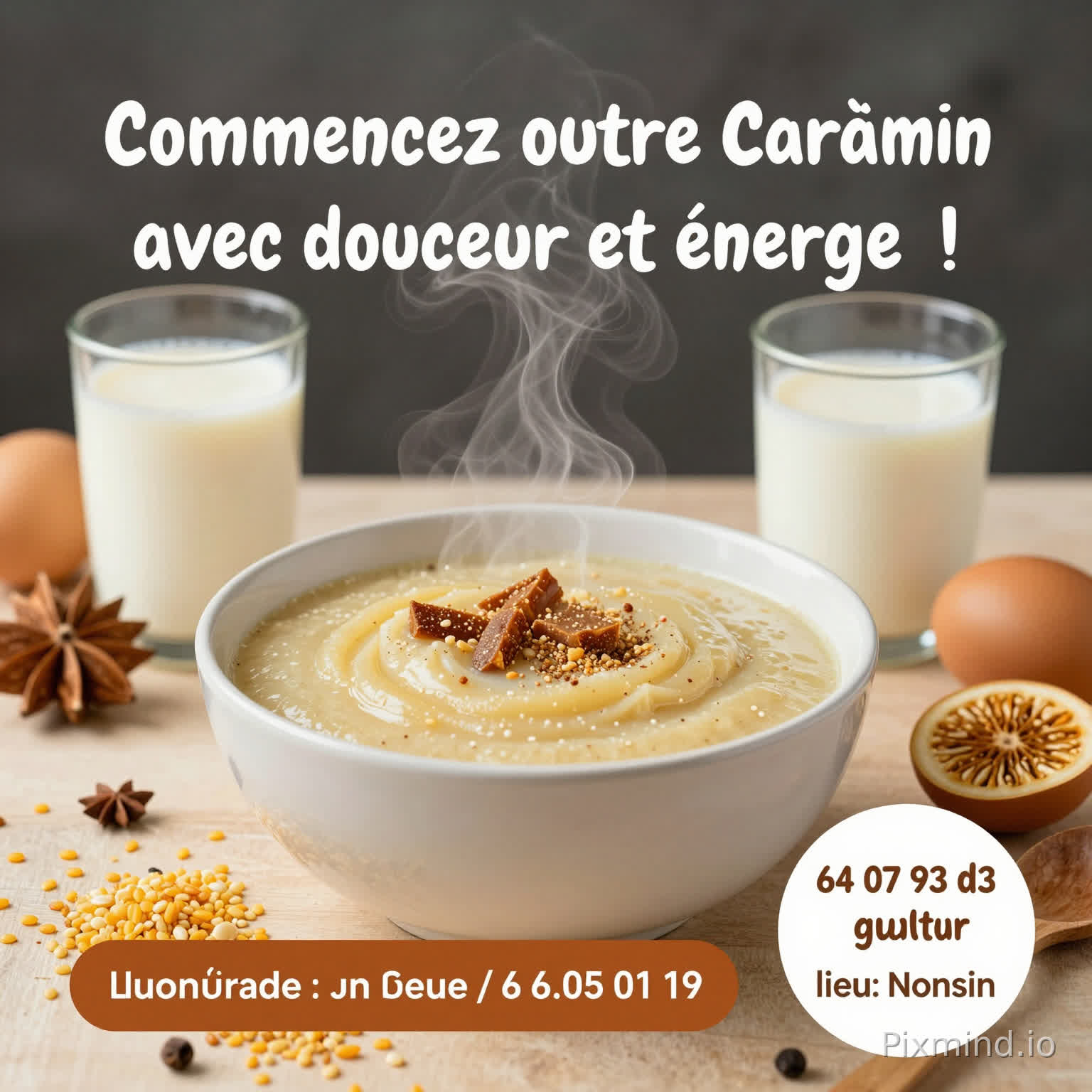 Créez une publicité visuelle attrayante pour une bouillie traditionnelle à base de Petit mil concassée, préparée avec du lait concentré sucré, du lait en poudre, du sucre vanillé, et un délicieux mélange crémeux. Le visuel doit évoquer le mois de Carême musulman et chrétien, en transmettant chaleur, tradition et confort. Inclure un bol de bouillie fumante, entouré d’ingrédients visibles (Petit mil, lait, vanille), avec des couleurs chaudes et appétissantes.
Ajouter un hook accrocheur : « Commencez votre Carême avec douceur et énergie ! »
Mentionner clairement : commande en ligne, livraison gratuite dans un rayon de 3 km, numéro de contact : 64 07 93 03 / 63 05 01 19, lieu : Nonsin.
Style : moderne et lumineux, typographie lisible, mise en avant du produit et des ingrédients.
Pourquoi ce prompt fonctionne :
Produit clairement décrit : Petit mil + lait + sucre vanillé → évite toute confusion.
Contexte culturel : Carême musulman et chrétien → crée un lien émotionnel.
Hook accrocheur : phrase courte et engageante qui attire l’attention.
Call-to-action clair : livraison gratuite et numéros de contact → favorise la conversion.
Style visuel défini : couleurs chaudes, appétissant, ingrédients visibles → augmente l’envie d’acheter.