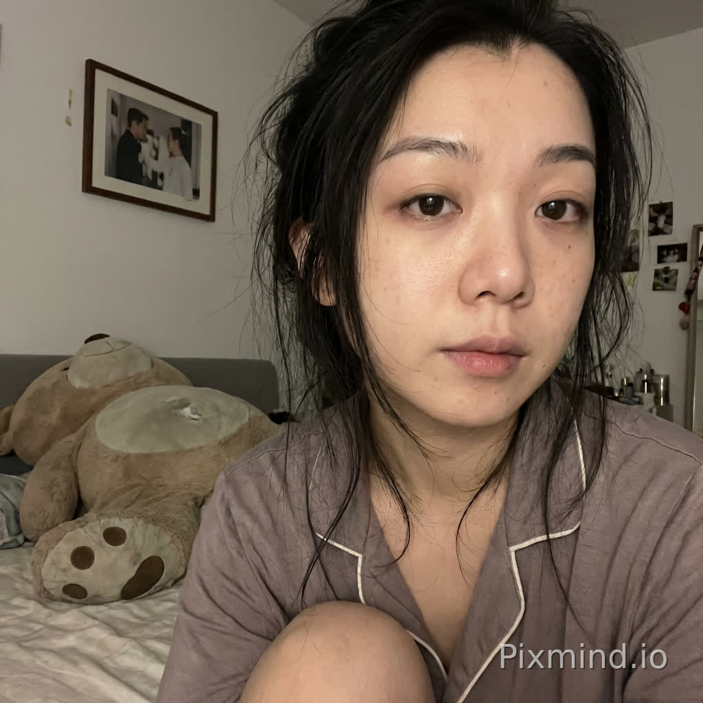年轻中国女性,25–30 岁人物形象必须强烈、严格参考提供的参考图(reference image)脸型、五官比例、眉眼结构、鼻子与嘴唇形态高度一致,不要生成陌生面孔不要偏离参考图人物不要网红脸。自然好看五官真实并非完美有生活感有记忆点人物呈现高度写实状态允许存在细微真实瑕疵,例如:轻微黑眼圈轻微肤色不均小痘印或细小毛孔不是“完美状态”整体感觉真实、像真实存在的人而不是生成感强的模特长发自然披散略微凌乱不对称。
不是精心整理有几缕头发自然垂落在脸侧或锁骨位置呈现深夜居家真实状态自然、随意、有女性魅力表情放松不刻意,管理表情有轻微情绪眼神自然不一直直视镜头偶尔游离像真实聊天中的状态妆容极淡几乎素颜无明显修饰皮肤真实、有毛孔不磨皮不美颜不滤镜穿着休闲居家睡衣,而非造型人物坐在床上,床头明确在画面右侧,床尾在画面左侧,床横向贯穿画面人物坐在床靠近中部偏右位置身体正对镜头上半身明显前倾人物与镜头距离非常近脸部在画面中占比偏大增强真实交流与亲密压迫感
镜头位于人物正前方与人物眼睛同一高度正面构图(frontal shot)非自拍画面中不出现相机或手机。
背景为女生卧室床铺自然、不刻意整理床上有一个“超大的毛绒玩偶”玩偶体积明显偏大占据床铺一部分空间具有强陪伴感不是装饰品像长期存在的生活物件墙面为女生卧室可见真实生活痕迹例如:挂画略有不齐墙面有生活使用感装饰不完全对称整体真实,不“样板间”整体色调偏冷或中性真实色彩不做风格化调色不暖黄不暧昧滤镜不过度科技感偏真实夜晚光线夜晚环境主光源为白色或中性灯光光线略不均匀允许轻微阴影符合真实卧室照明不追求完美补光胸部以上或偏近景构图脸部细节清晰背景轻微虚化画面有真实呼吸感写实摄影风格偏纪录感偏生活影像允许不完美非商业广告非摆拍非棚拍
no table visibleno camera visibleno selfie angleno beauty filterno overly perfect skinno overly perfect lightingraw realismintimate proximityimperfect beautyfemale authenticityquiet, real nighttime bedroom atmosphere