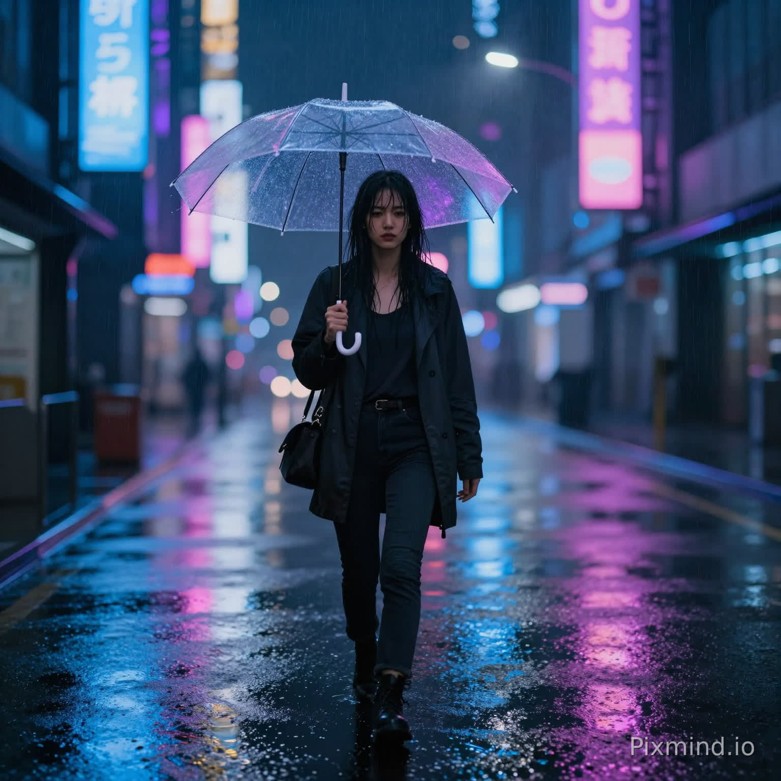 一位年轻女子独自走在一条荒凉的、霓虹灯照亮的赛博朋克街道上的全身照片,下着大雨的夜晚。她撑着一把透明雨伞,反射着周围招牌明亮的蓝色、紫色和粉色。她的黑发微微湿润,贴在脸上。湿漉漉的路面像镜子一样反射着城市灯光。氛围忧郁而电影感十足。雨滴清晰可见。使用85毫米镜头拍摄,f/1.8光圈,城市灯光虚化,黑色电影美学,超写实,8K画质。