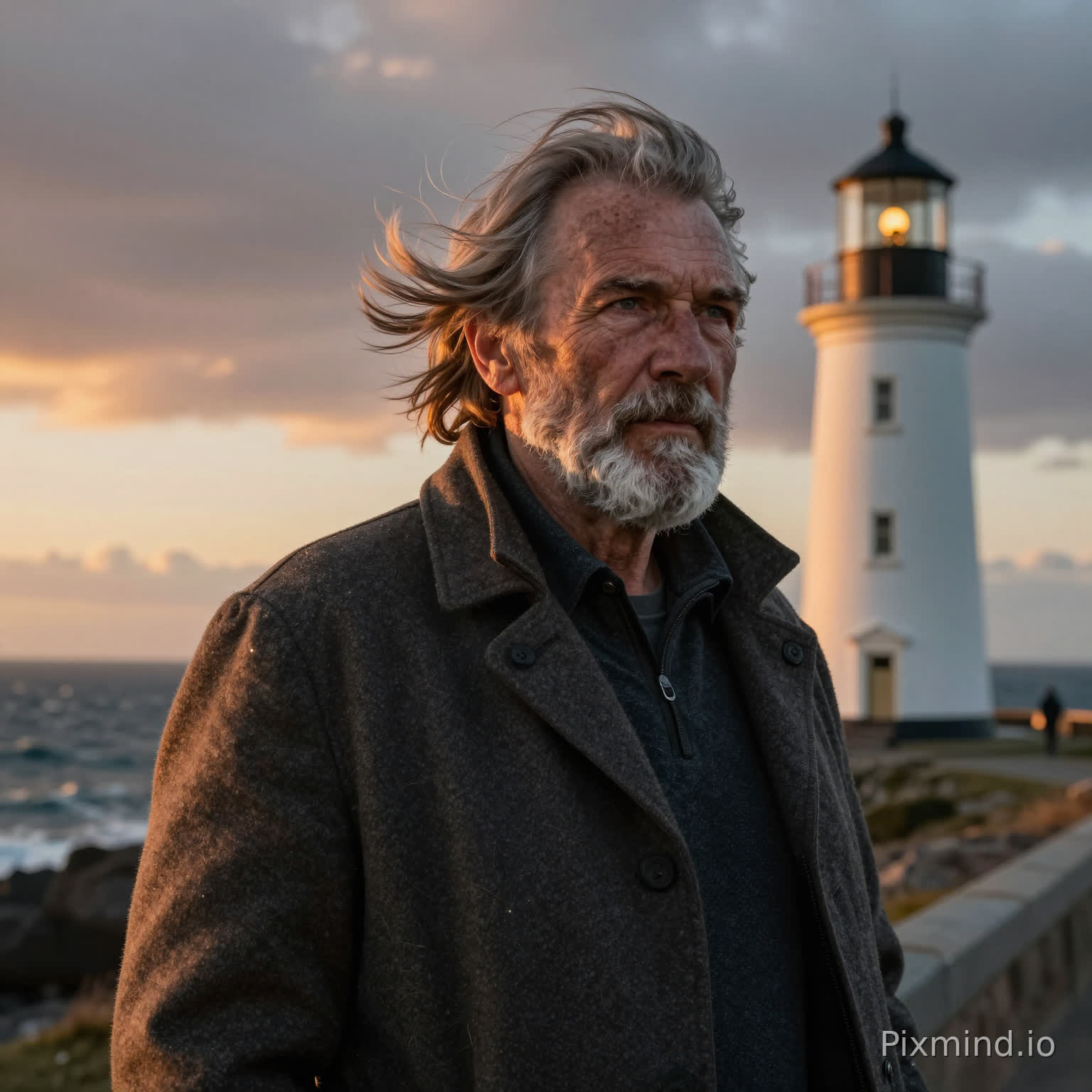 60-year-old Caucasian man, weathered face, silver beard, standing beside a seaside lighthouse at sunset, strong ocean wind blowing his coat, cinematic lighting, ultra realistic skin texture, 85mm lens, dramatic sky, high detail, masterpiece