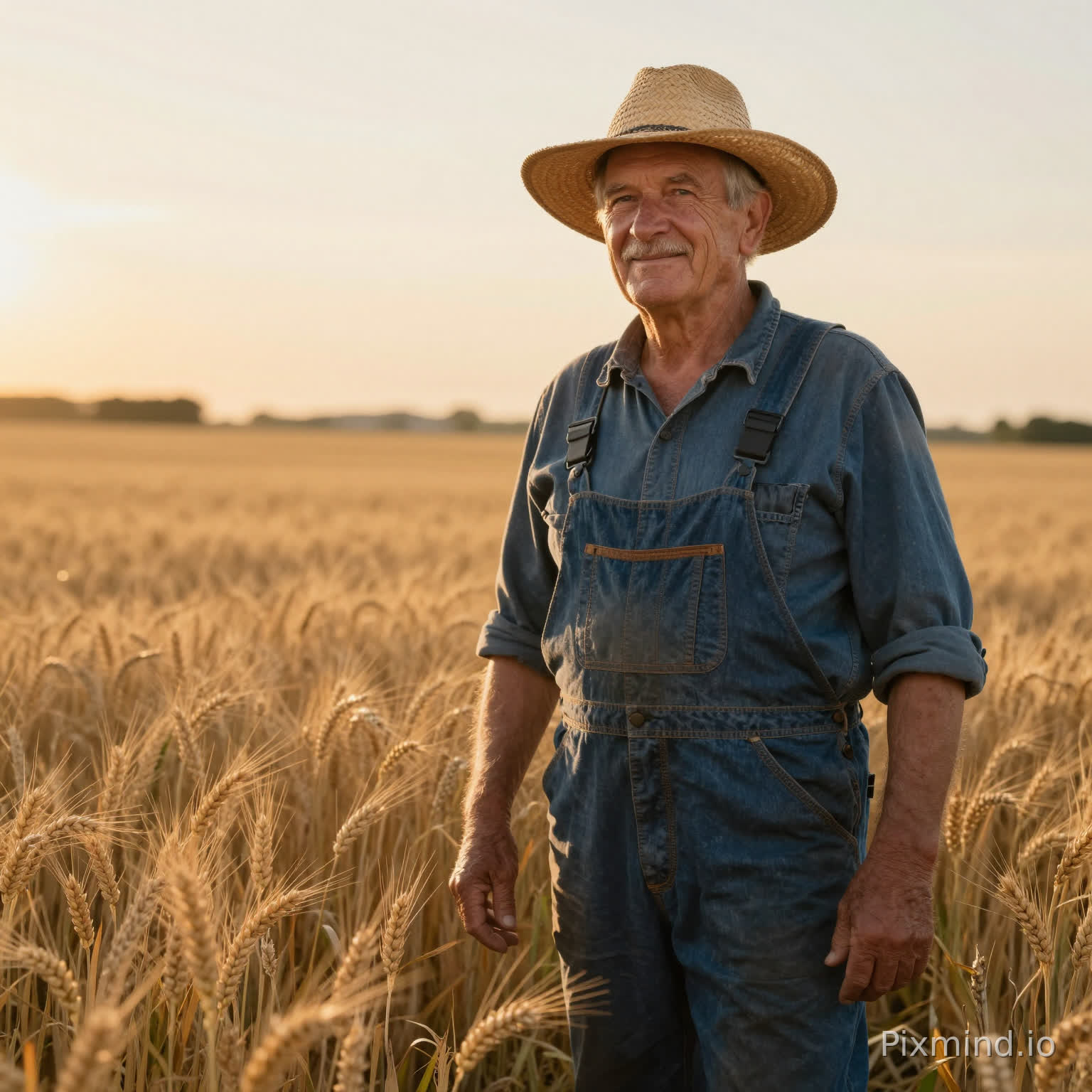 60-year-old white European farmer, denim overalls, straw hat, standing in golden wheat field, warm sunset backlight, rugged hands, smiling gently, hyperrealism, natural color grading, documentary photography style