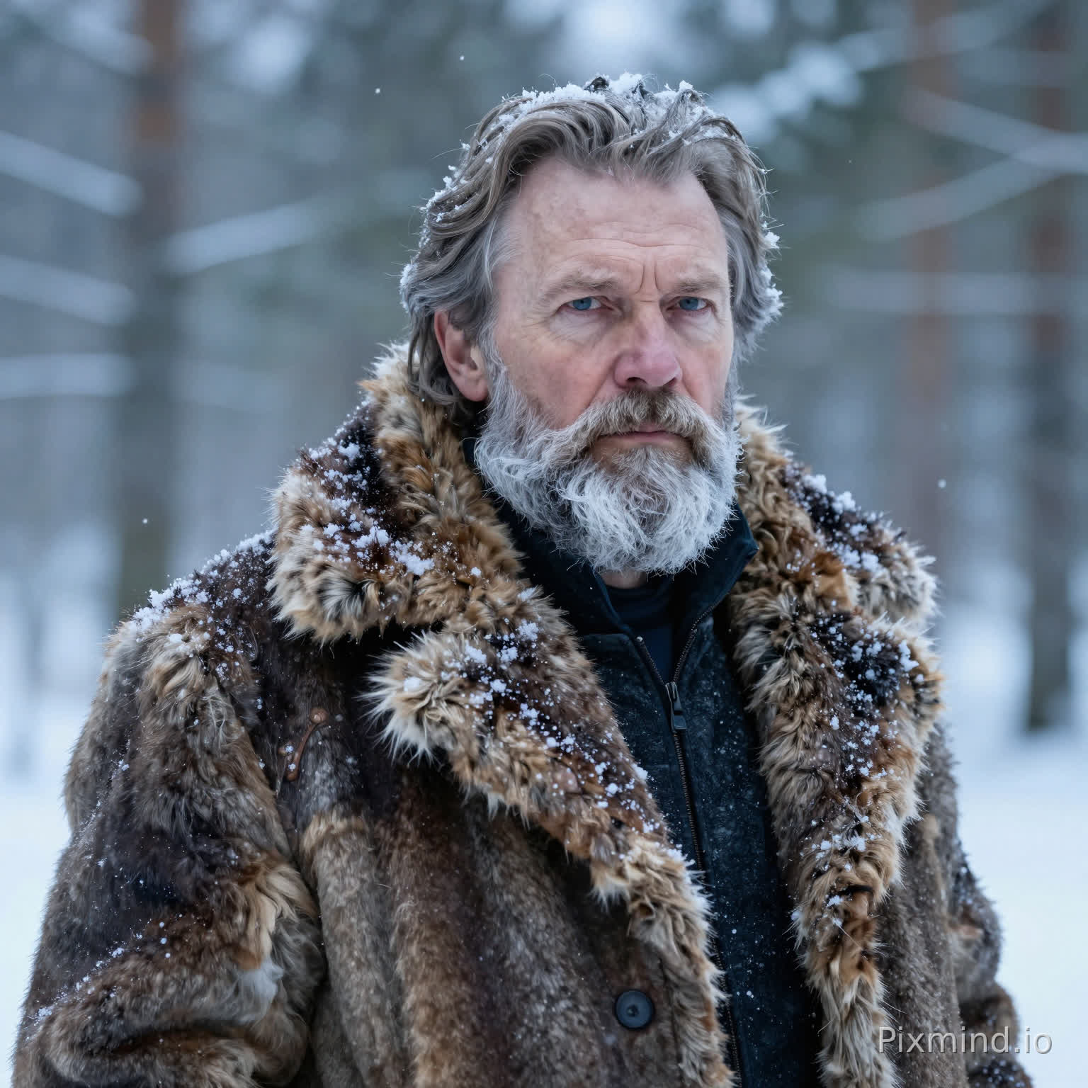 60-year-old Scandinavian white man, thick gray beard, fur coat, standing in snowy forest, cold blue color tone, snowflakes falling, sharp facial features, ultra detailed realism, epic atmosphere