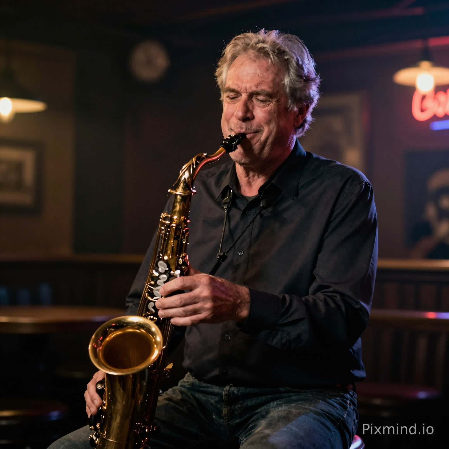 60-year-old white jazz musician, salt-and-pepper hair, playing saxophone in smoky bar, relaxed warm smile, moody lighting, neon reflections, shallow depth of field