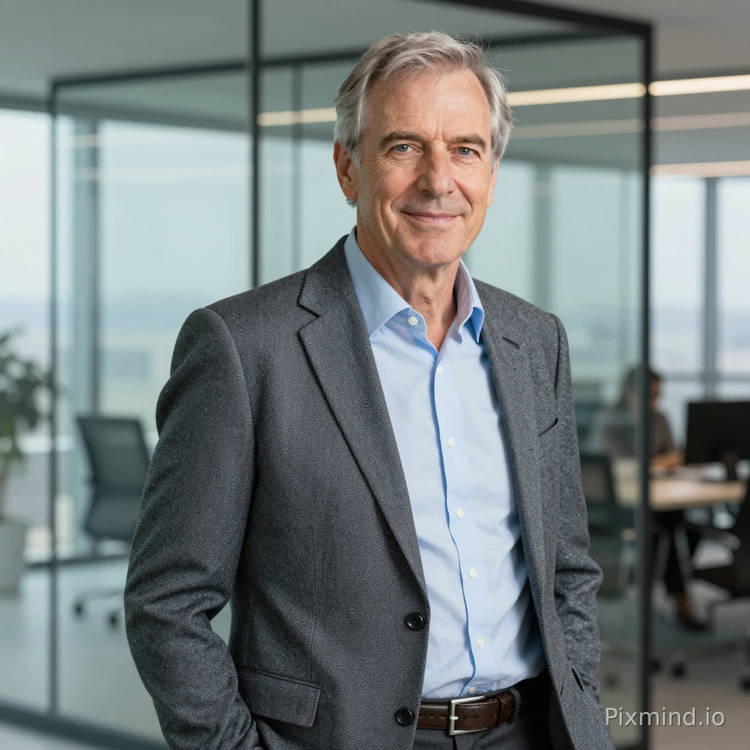 60-year-old Caucasian tech CEO, stylish suit, modern glass office, confident gentle smile, natural daylight, professional portrait, high-end magazine style