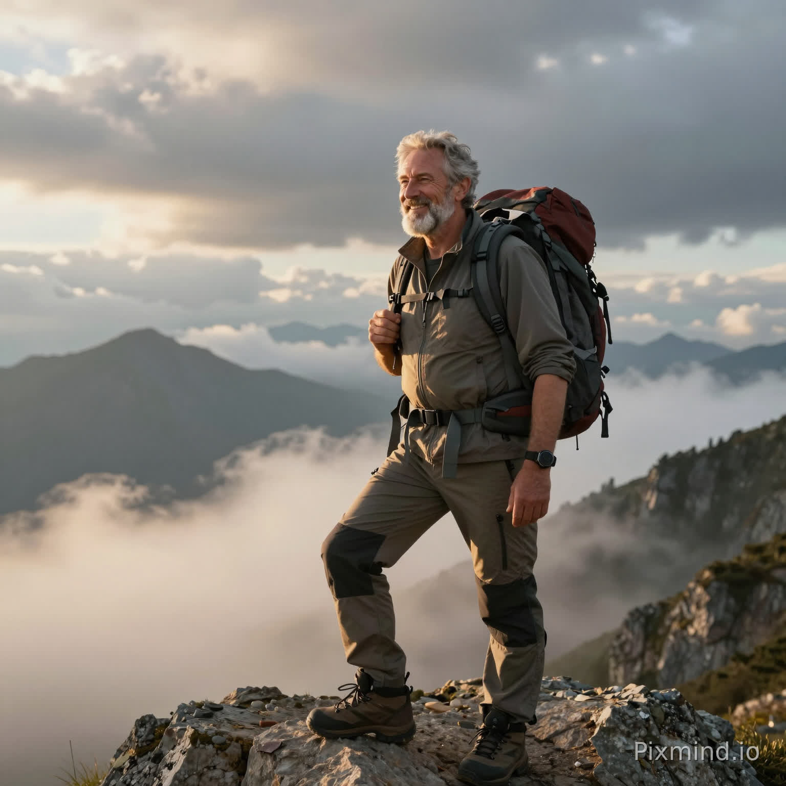 60-year-old white male adventurer, gray beard, hiking backpack, standing on mountain peak, satisfied warm smile, dramatic clouds, golden hour lighting, photorealistic