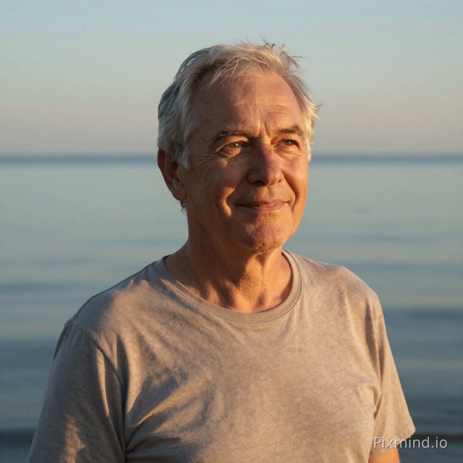 60-year-old Caucasian man, short silver hair, light wrinkles, gentle natural smile, half-length portrait, standing near calm ocean at sunrise, soft golden morning light, photorealistic portrait photography, 85mm lens, shallow depth of field, ultra detailed skin texture