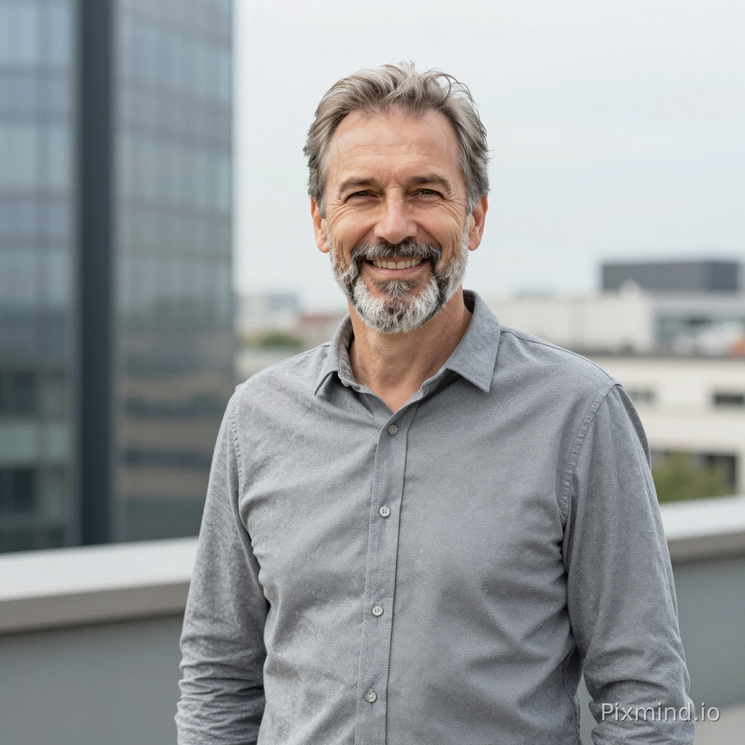 60-year-old white European male, salt-and-pepper beard, relaxed friendly smile, half-body portrait on modern city rooftop, soft overcast daylight, natural skin tones, professional portrait photography, high resolution, realistic detail