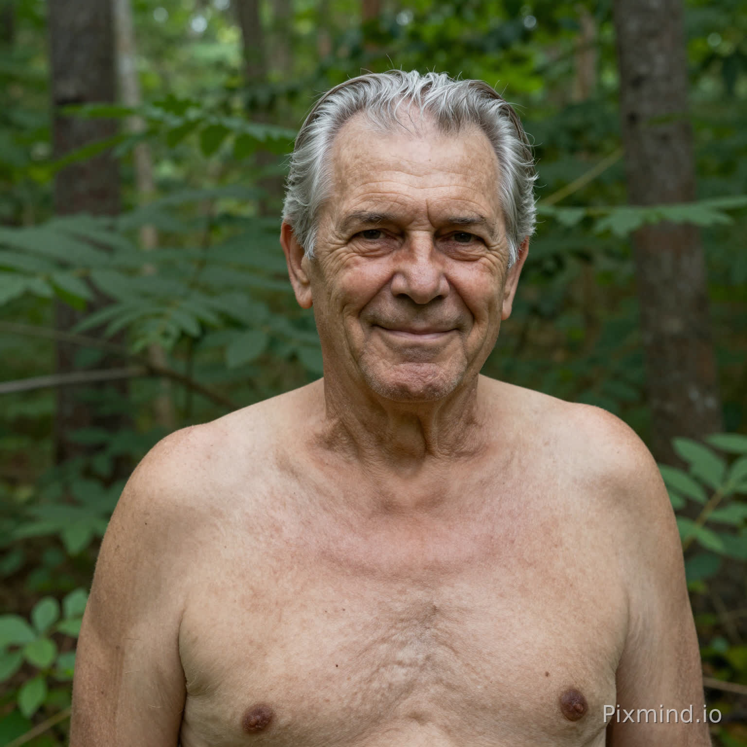 60-year-old Caucasian man, gray hair brushed back, warm subtle smile, half-length portrait in forest clearing, natural diffused sunlight through trees, candid photography style, authentic skin texture