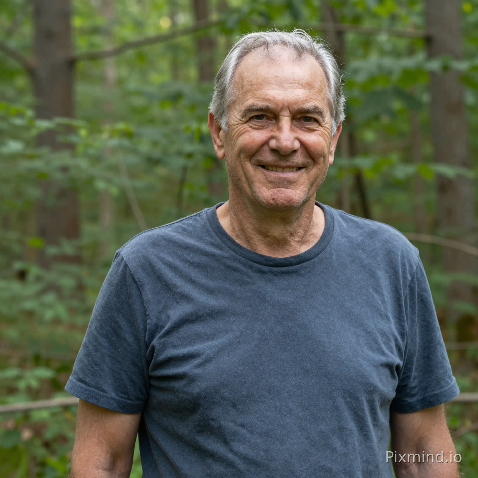 60-year-old Caucasian man, gray hair brushed back, warm subtle smile, half-length portrait in forest clearing, natural diffused sunlight through trees, candid photography style, authentic skin texture