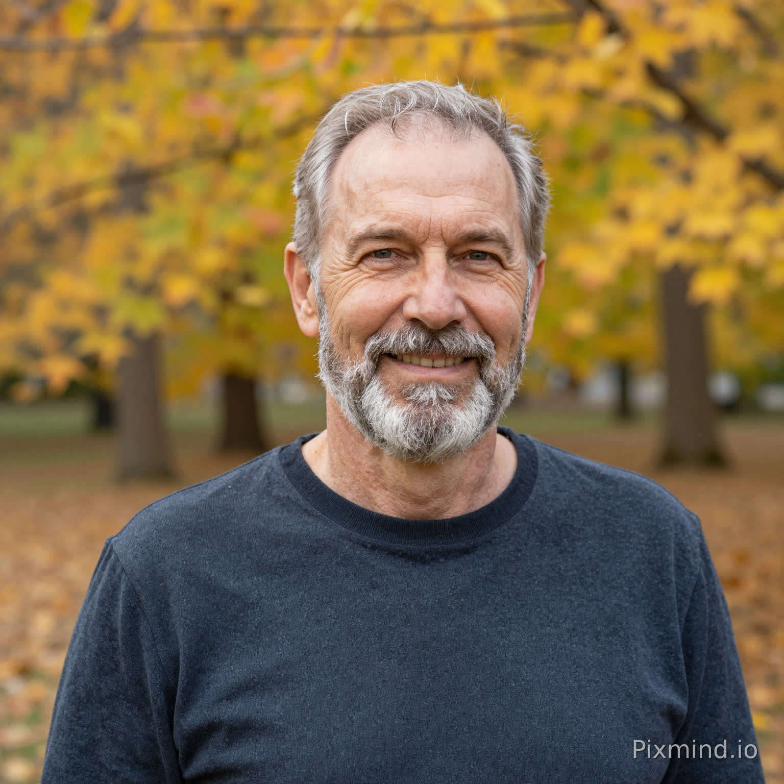 60-year-old white male, neatly trimmed gray beard, gentle approachable smile, upper body portrait in autumn park, golden leaves background, soft background blur, realistic photography