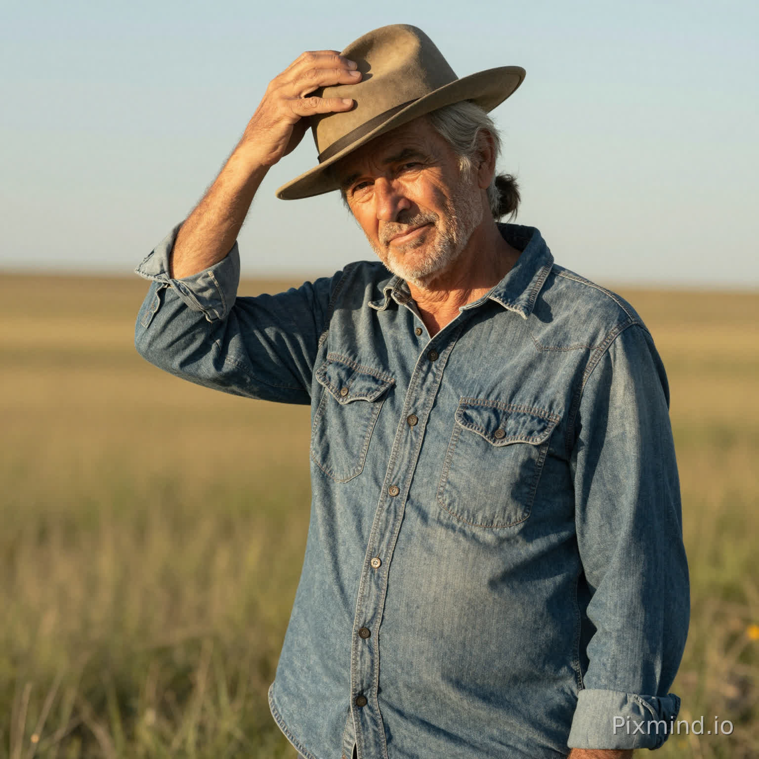60-year-old Caucasian man with long gray hair tied in a low ponytail, light stubble, faded denim shirt, holding the brim of a canvas hat, subtle warm smile, half-length portrait, standing in open prairie field, natural golden sunlight, authentic photography style
