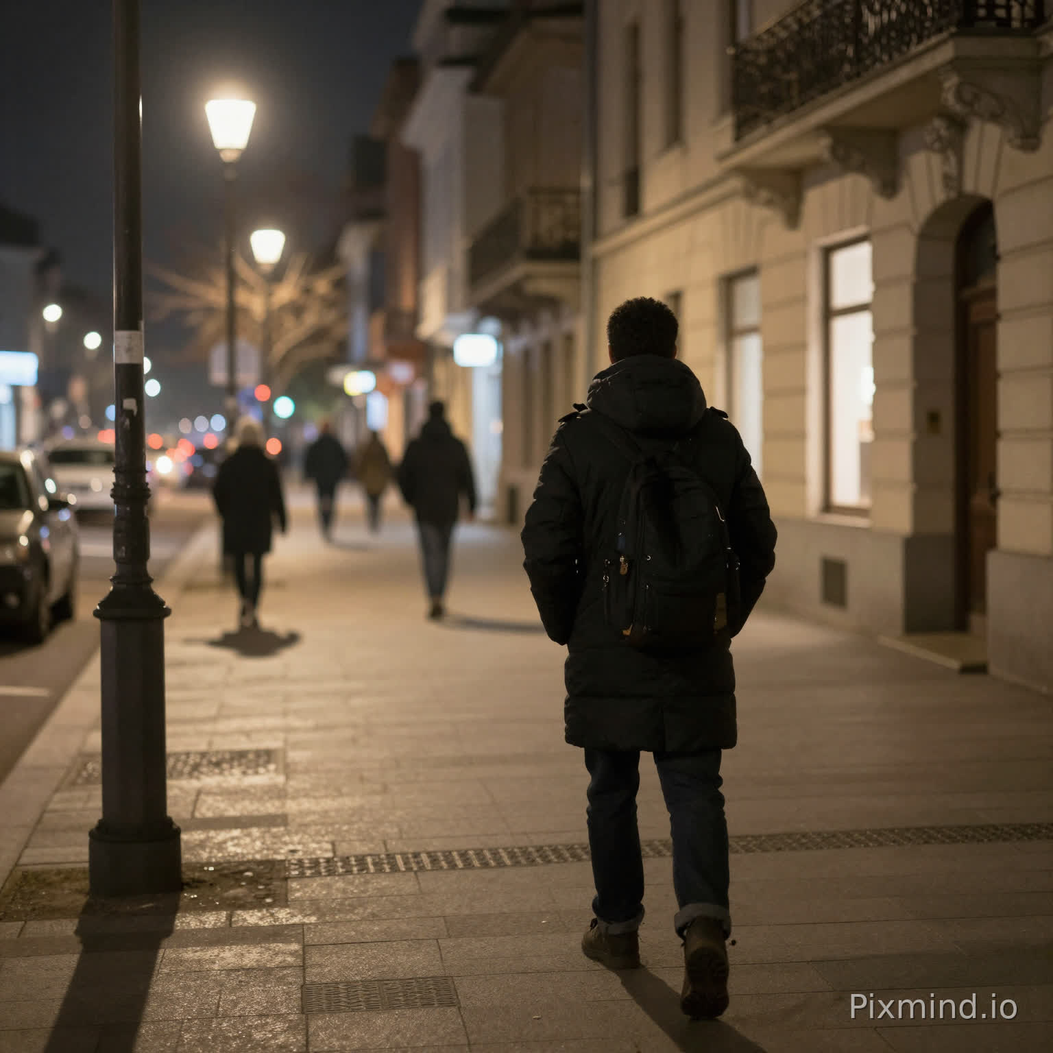crea una imagen realista en formato 16-9 de un hombre caminando por las calles de una ciudad fria en la noche