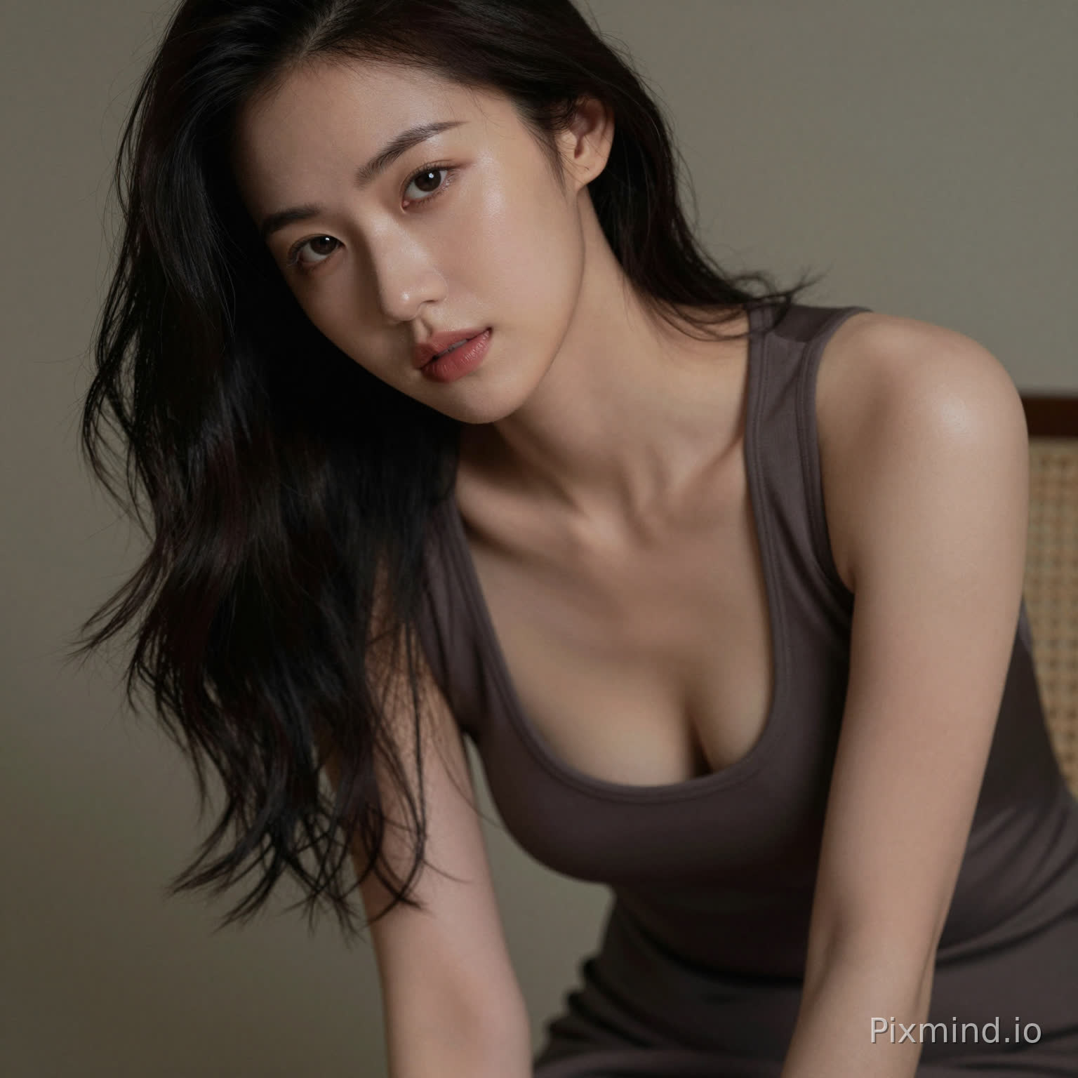 A sensual woman leaning slightly forward, deep neckline dress, subtle cleavage, inviting gaze, soft focus background, intimate framing, realistic skin highlights, moody lighting, editorial sensual photography